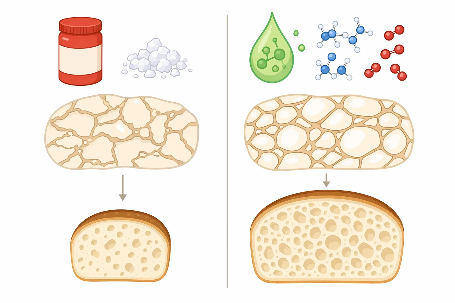 Glucose oxidase differs from other dough-strengthening tools by generating hydrogen peroxide enzymatically inside the dough rather than adding oxidation or cross-links by another route.