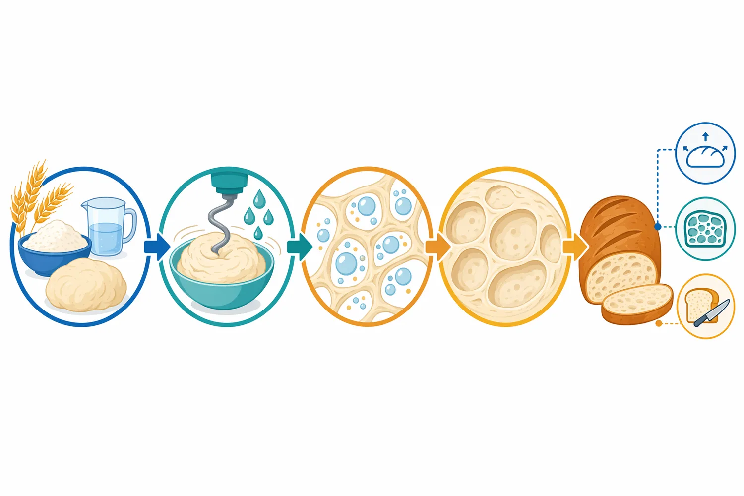 Oxidative cross-linking strengthens the hydrated gluten matrix so dough becomes more cohesive, less sticky, and better able to retain fermentation gas.