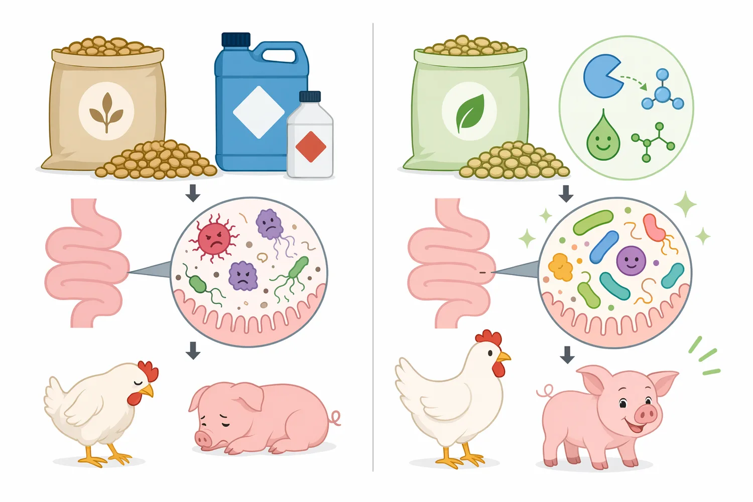 Glucose oxidase differs from acids, probiotics, prebiotics, and toxin-control tools because its effects are generated enzymatically from glucose and oxygen.