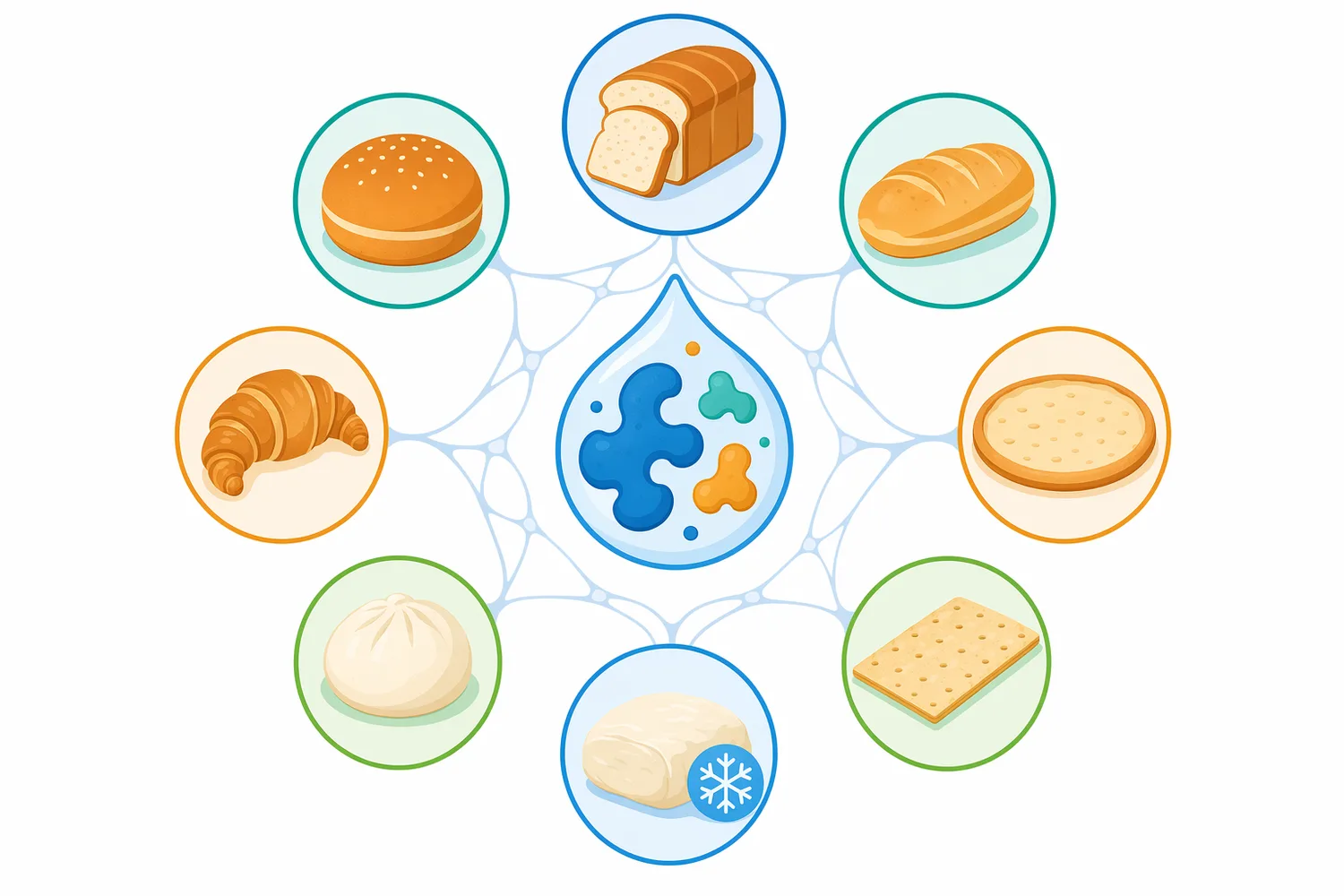 Glucose oxidase is mainly relevant to yeast-raised wheat products such as pan bread, buns, rolls and sheeted doughs that depend on balanced gas retention.