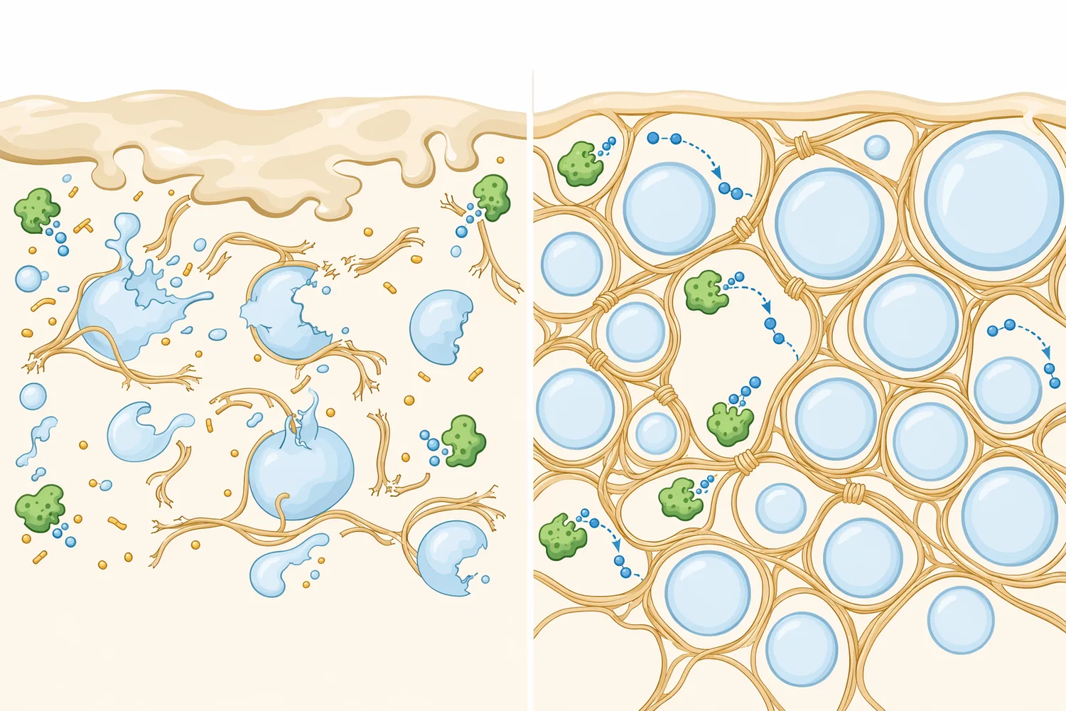 Hydrogen peroxide generated in dough promotes gluten crosslinking, creating a more cohesive network around gas cells.