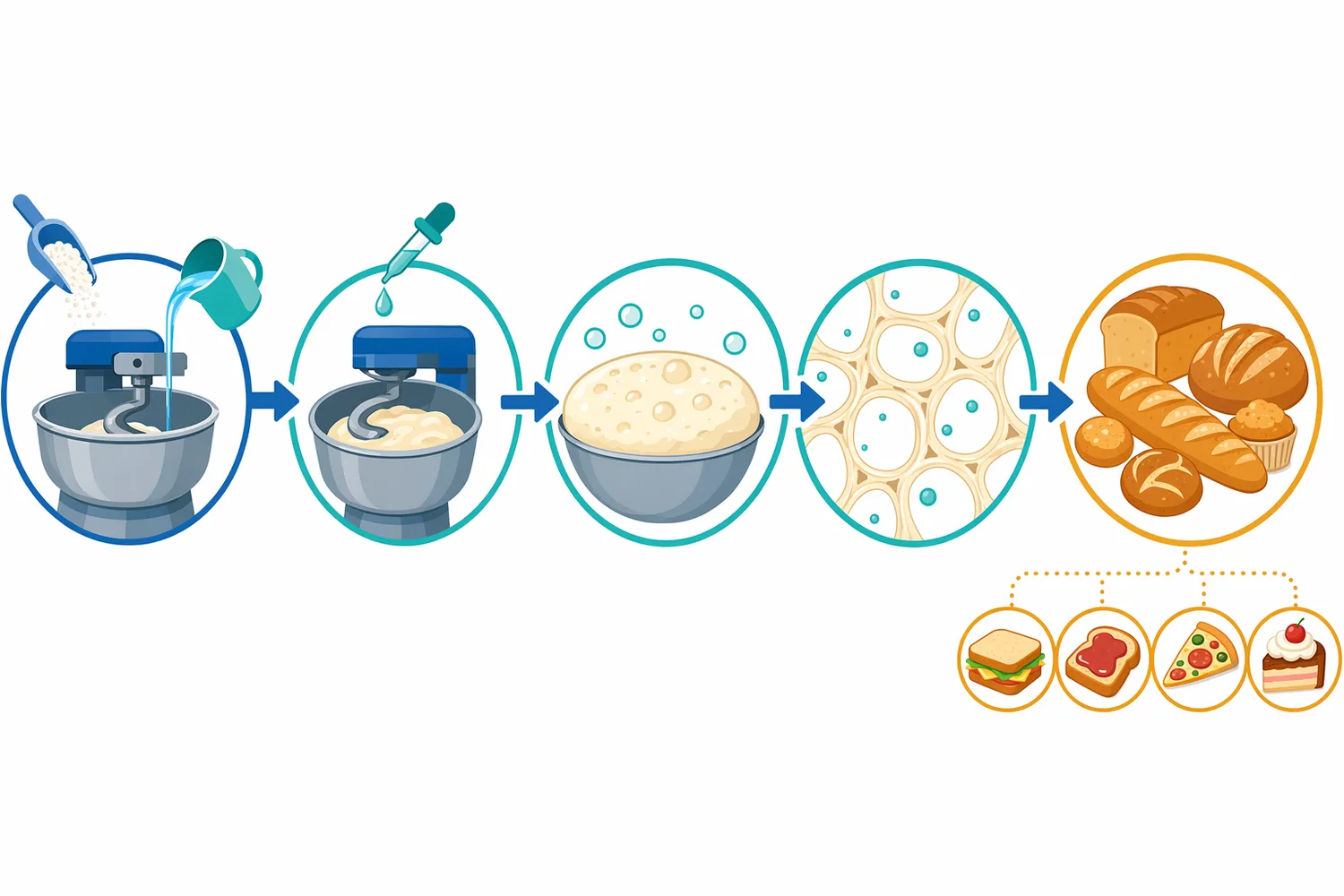 The enzyme acts during the hydrated dough phase when oxygen, glucose, water, mixing energy, time, and moderate processing temperatures are available.