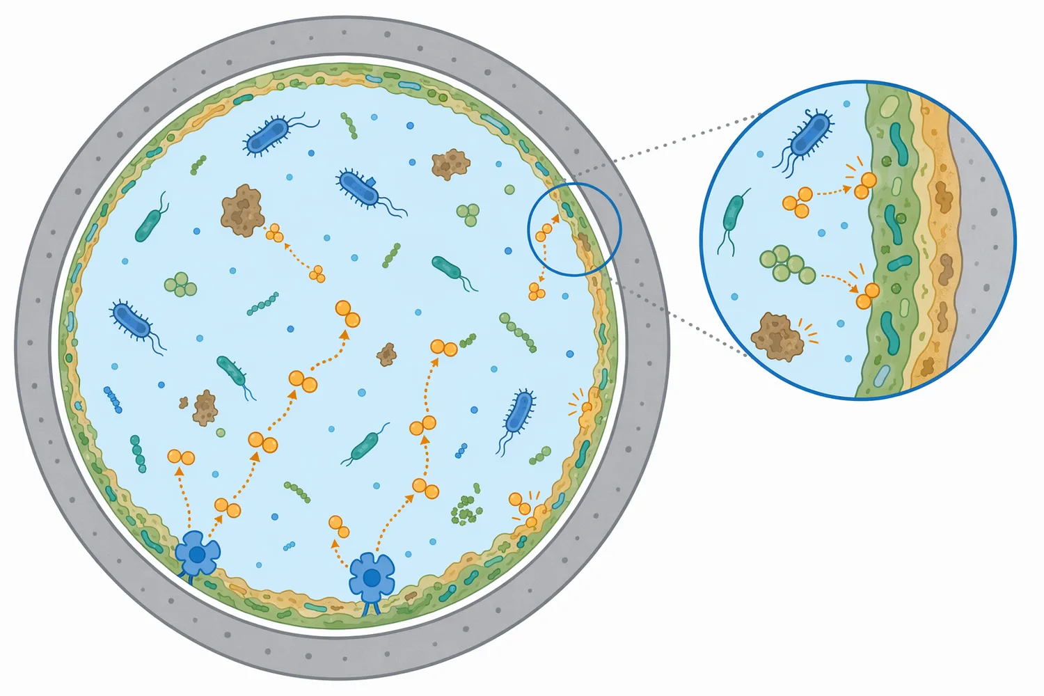Peroxide generated by glucose oxidase can impose oxidative stress on microbes, but biofilms and organic load can limit how far that effect penetrates.