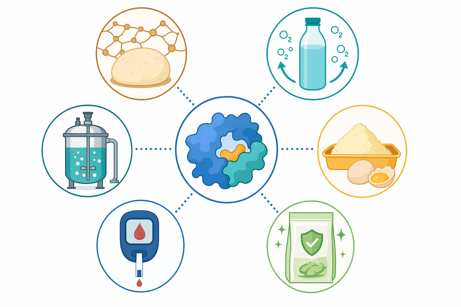 Glucose oxidase is used in baking, oxygen removal, egg desugaring, antimicrobial systems, biosensors, and selected fermentation processes.