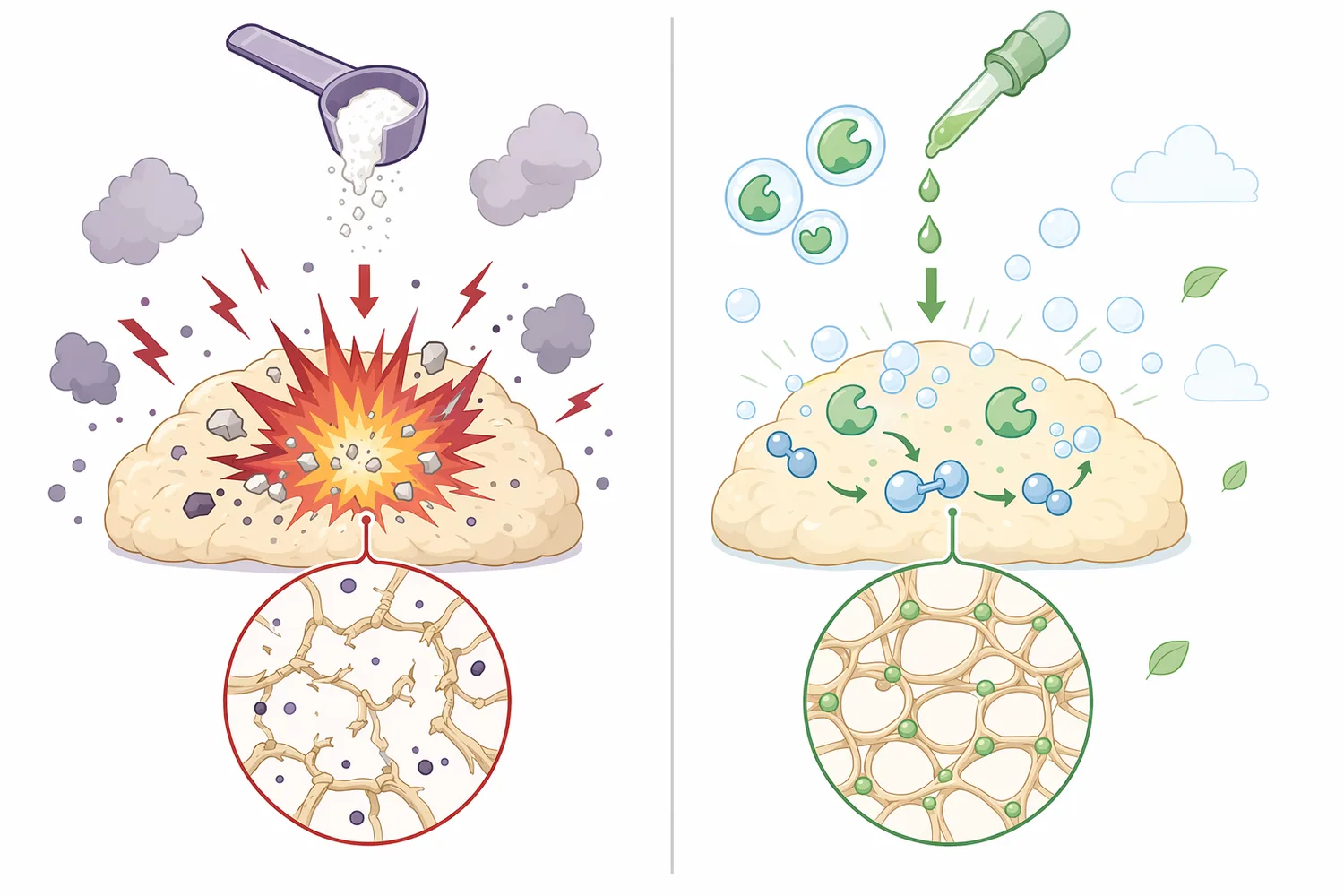In dough strengthening, glucose oxidase can replace or reduce conventional chemical oxidants by generating hydrogen peroxide in situ.