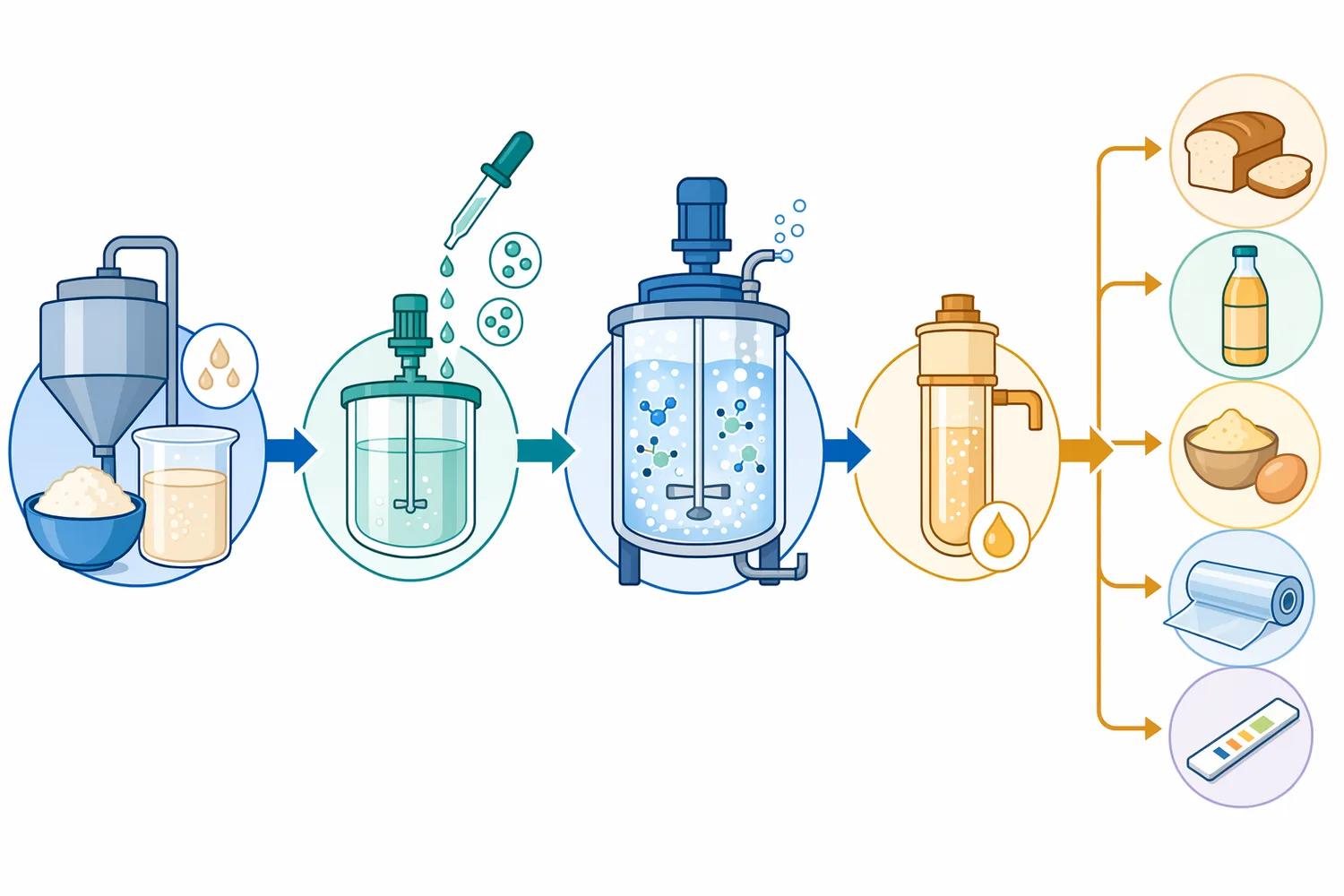 Industrial glucose oxidase workflows combine controlled dosing and aeration to generate oxygen-scavenging or oxidative effects in foods and diagnostics.