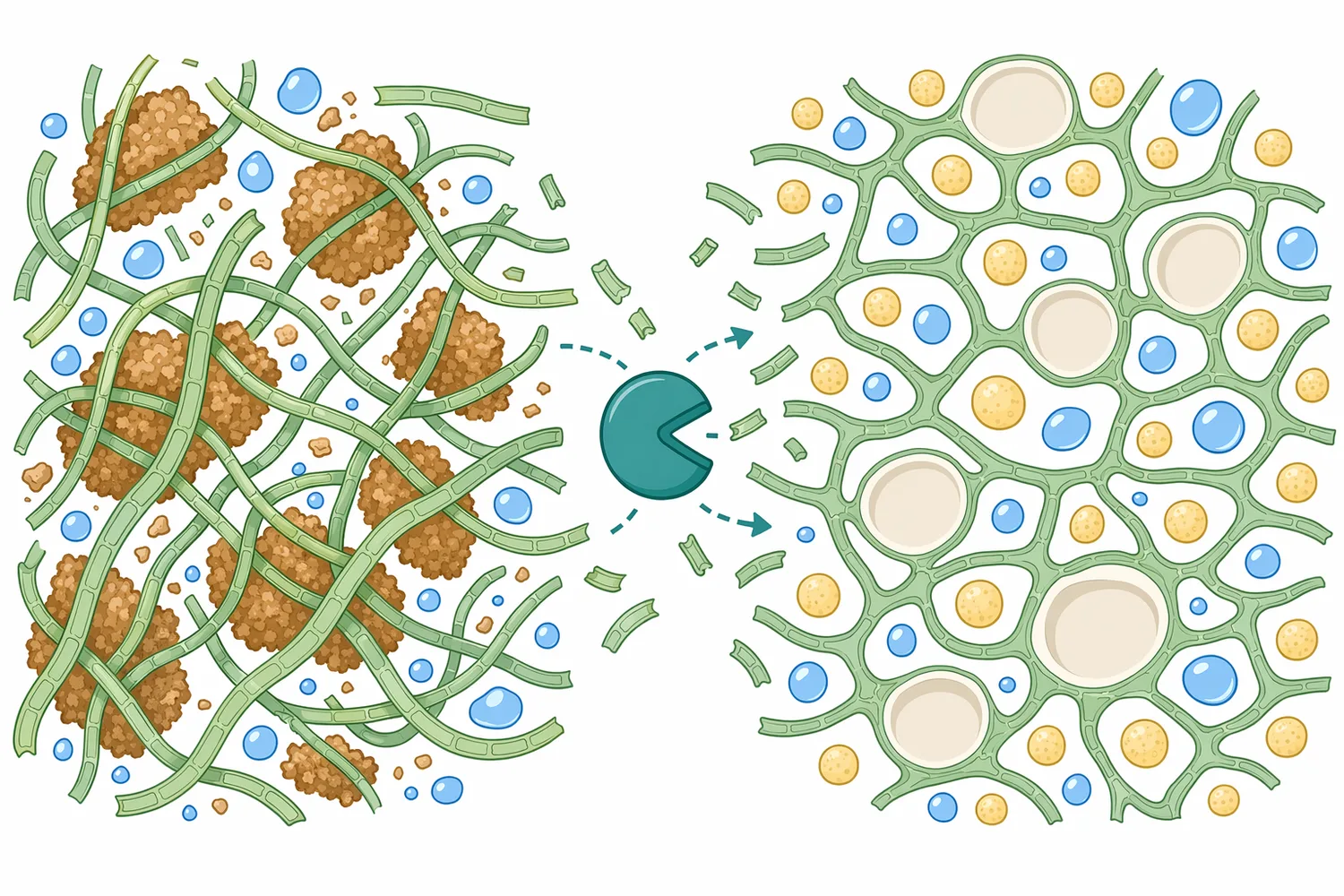 Controlled hydrolysis converts some large water-binding fiber structures into smaller fragments that are less disruptive to dough expansion.