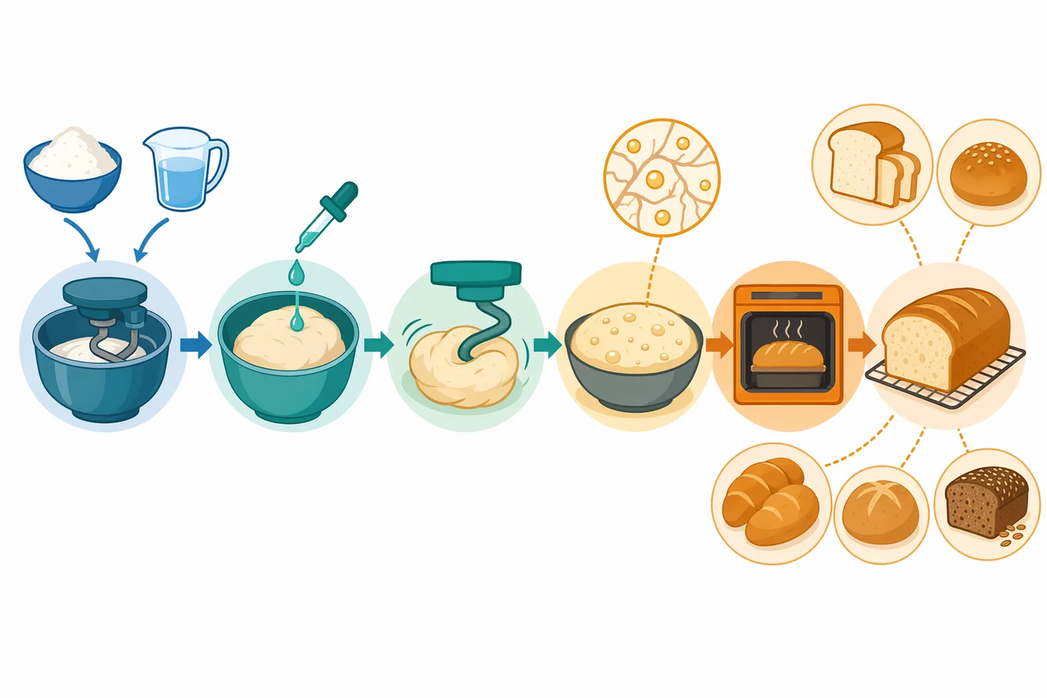 In baking, hemicellulase is added during dough mixing and acts through proofing and early heating before being inactivated in the oven.