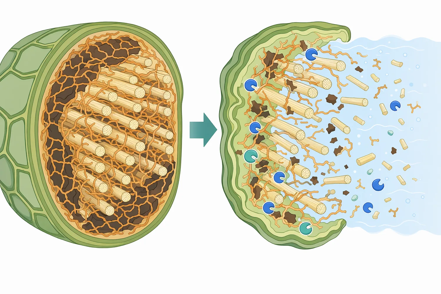Hemicellulase can open lignocellulosic structure by reducing the hemicellulose barrier around cellulose microfibrils.