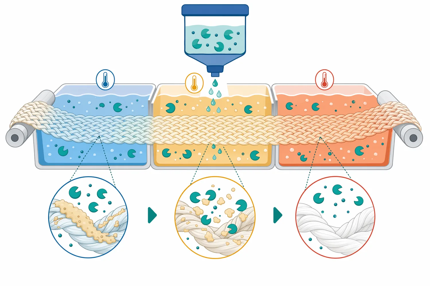 The product combines compact enzyme addition with processing flexibility across varying pretreatment bath temperatures.