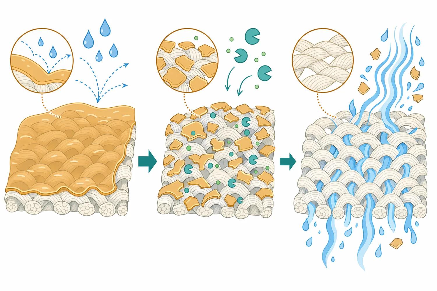 Effective desizing opens the yarn structure to water by loosening and removing the starch barrier.