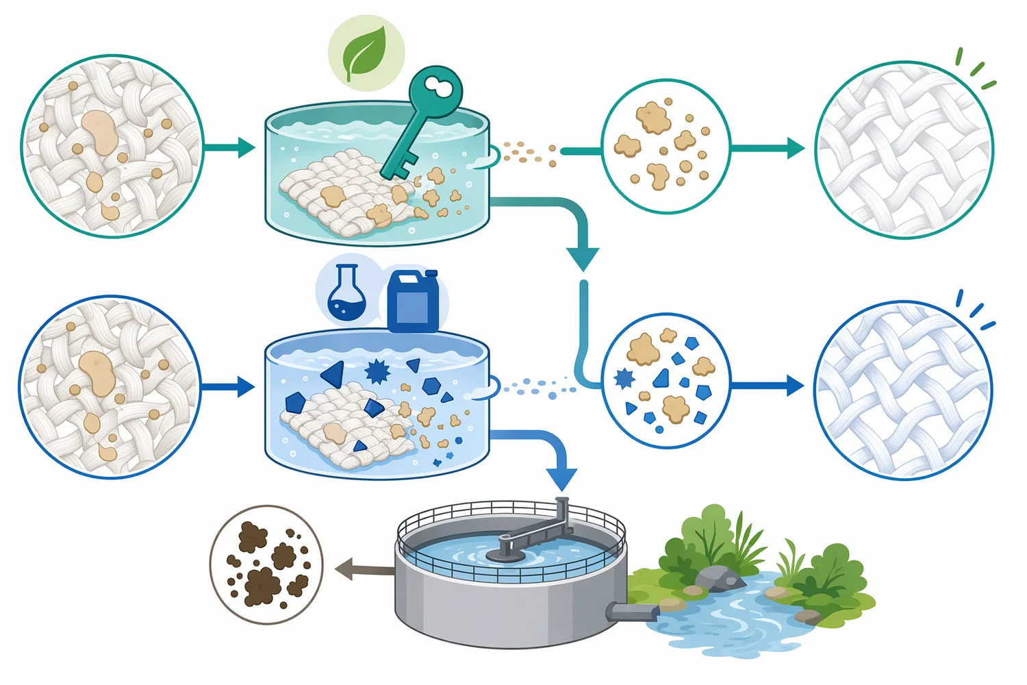 Enzymatic desizing can reduce reliance on harsher starch-removal chemistry, although hydrolyzed starch fragments still enter the wash liquor.