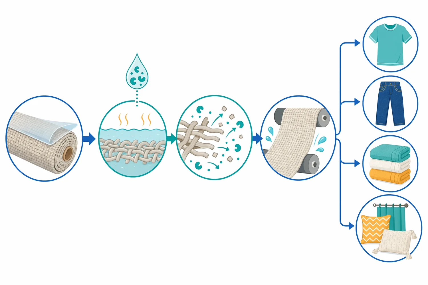 Enzymatic desizing is an early woven-fabric preparation step between weaving and later scouring, bleaching, dyeing, printing, or finishing.
