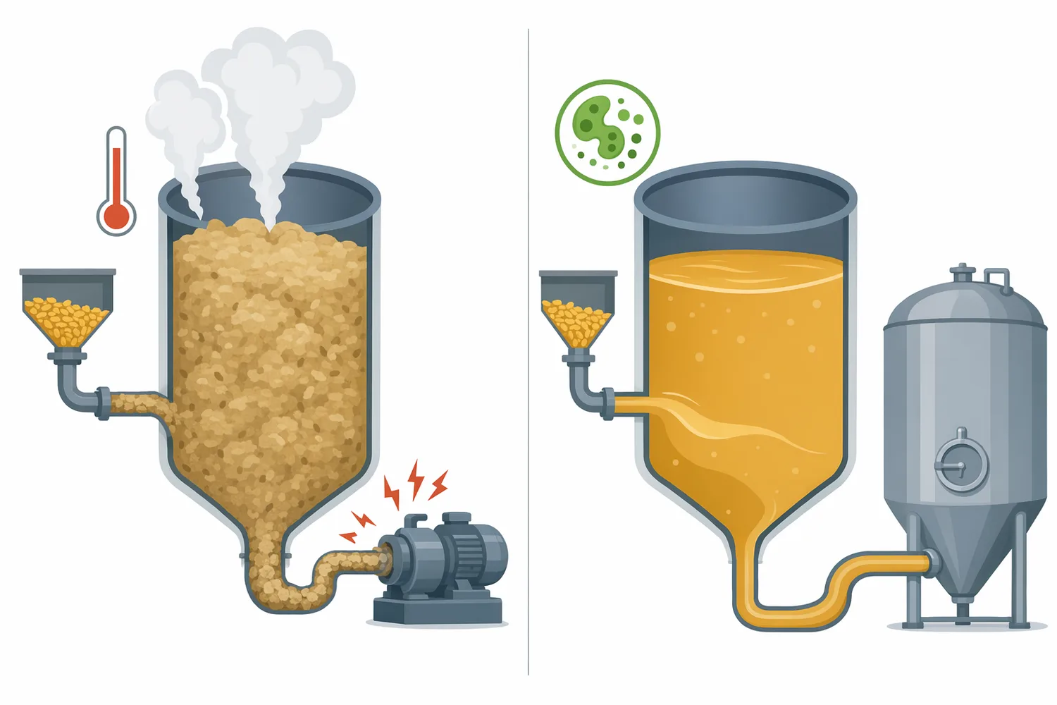 Compared with non-enzymatic thermal processing alone, alpha-amylase liquefaction lowers mash viscosity and improves downstream fermentable-sugar production.
