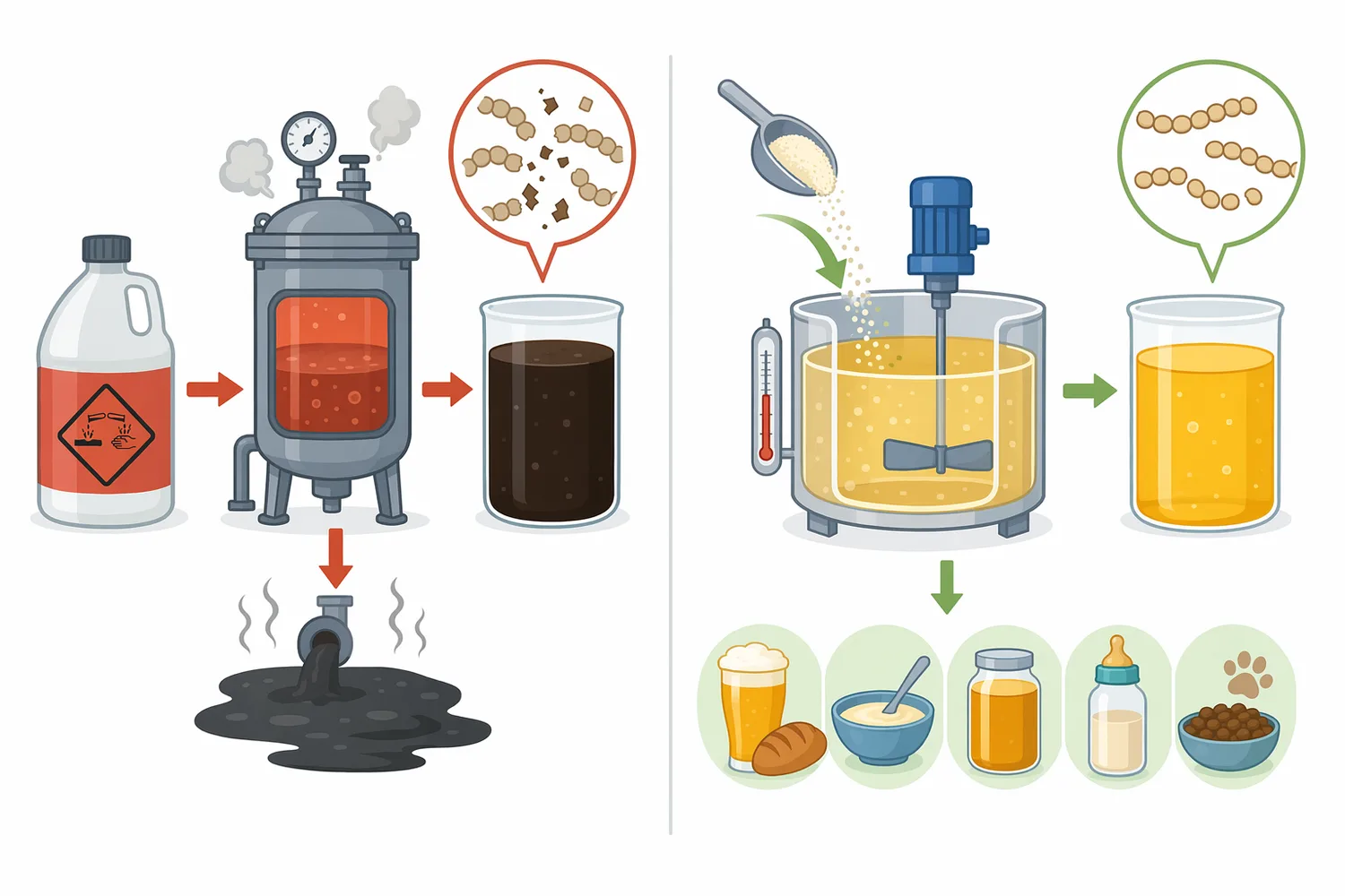 Starch-processing enzymes differ by target bond and process role, with high-temperature α-amylase positioned mainly at the liquefaction stage.