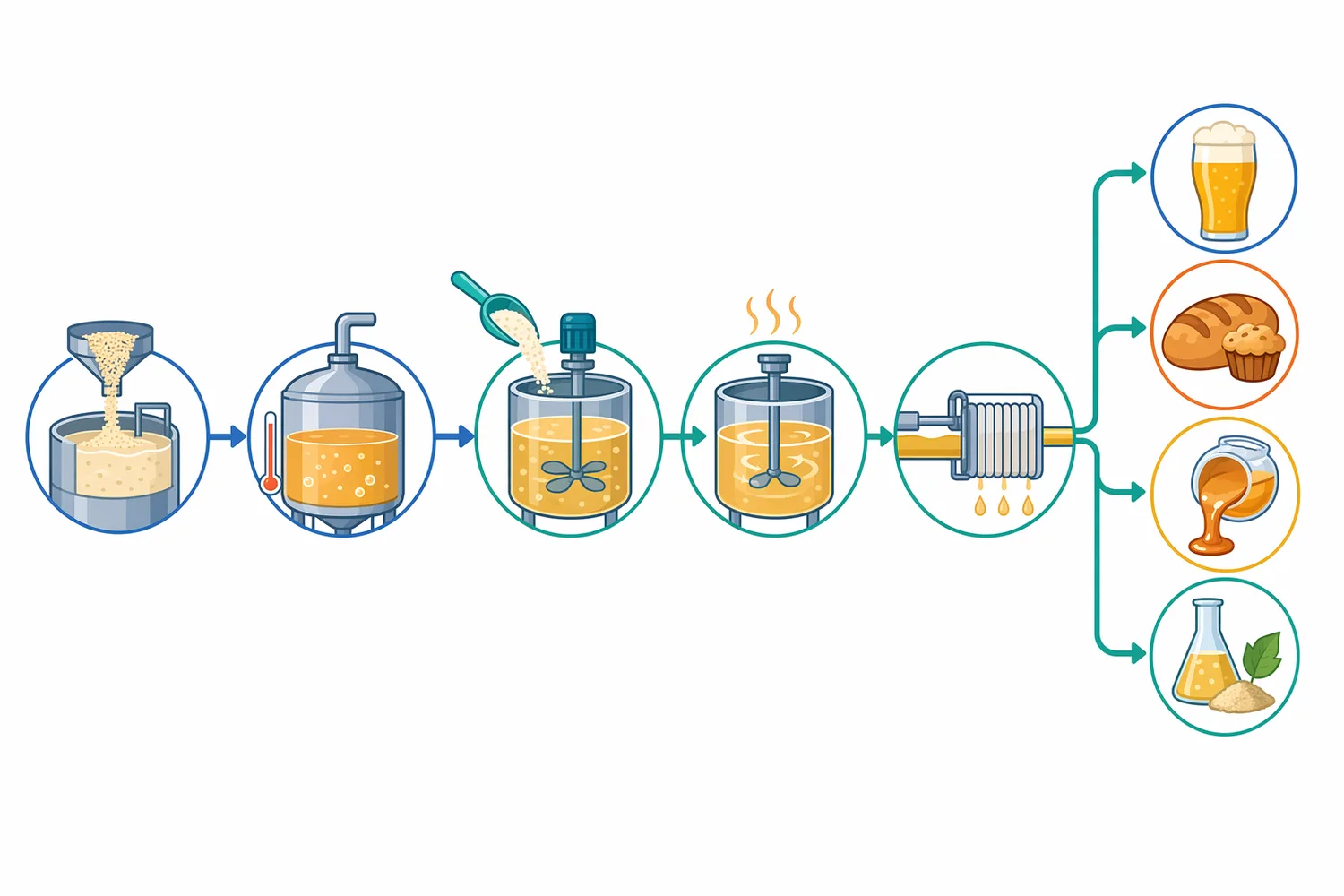 In adjunct brewing, cooked cereal starch is liquefied by α-amylase before integration with mash conversion and wort production.