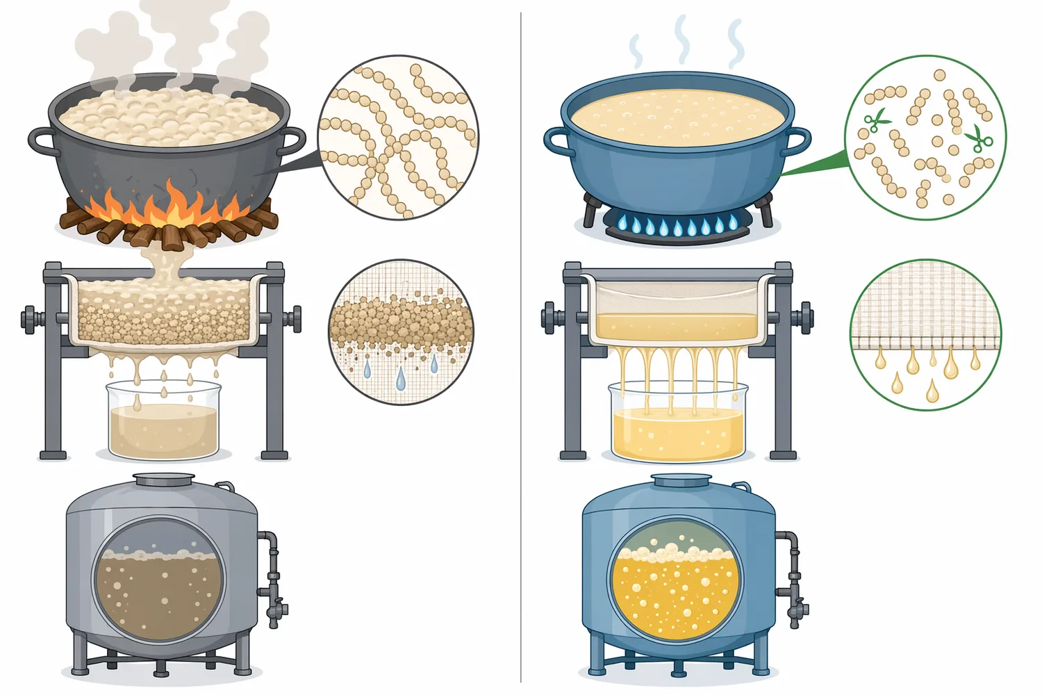 Compared with heat-only starch treatment, alpha amylase processing lowers mash viscosity, improves filtration, and increases fermentable extract availability.