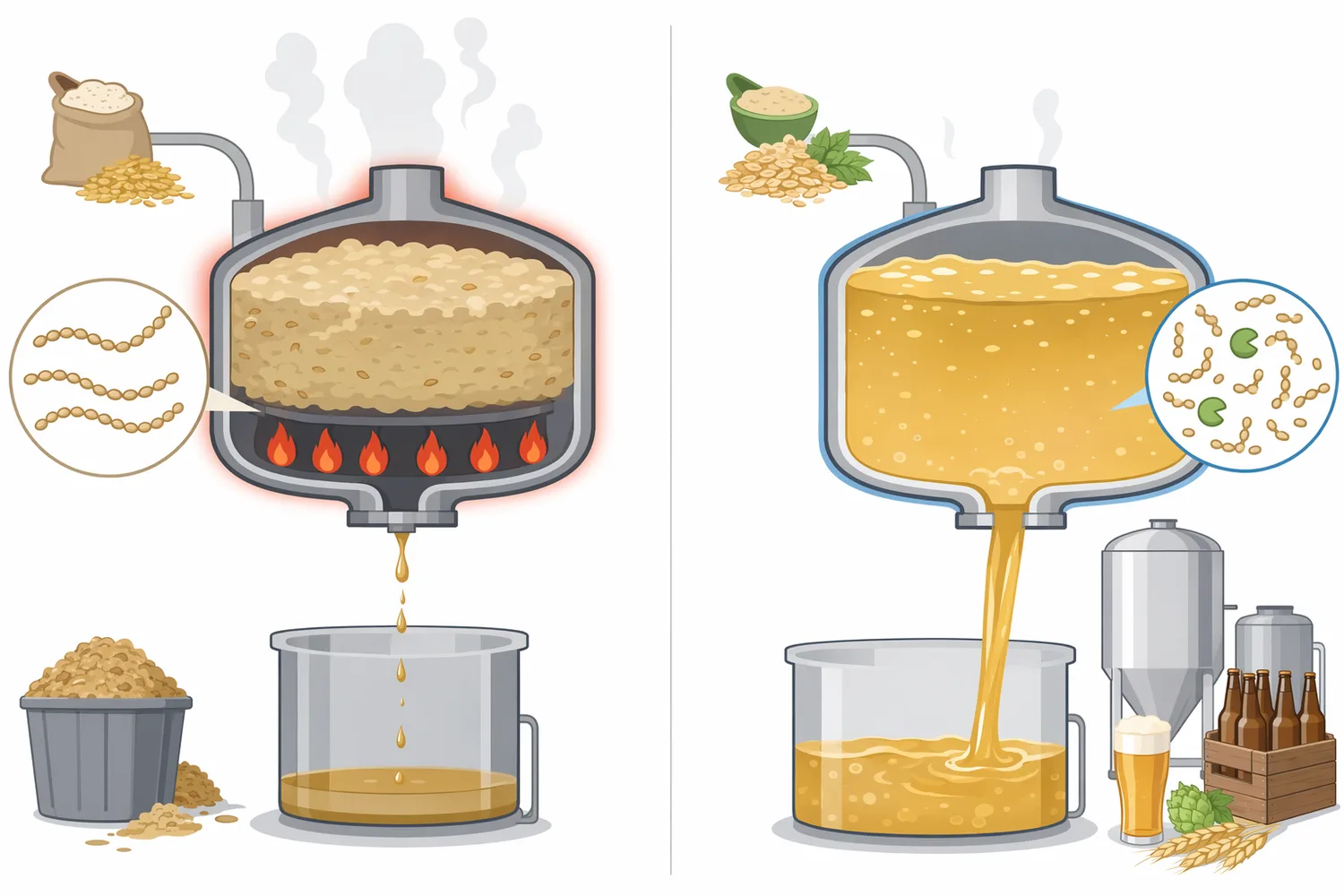 Alpha amylase, beta amylase, limit dextrinase, and glucoamylase-type activity differ in where they cut starch and how their products affect wort fermentability and dextrin content.