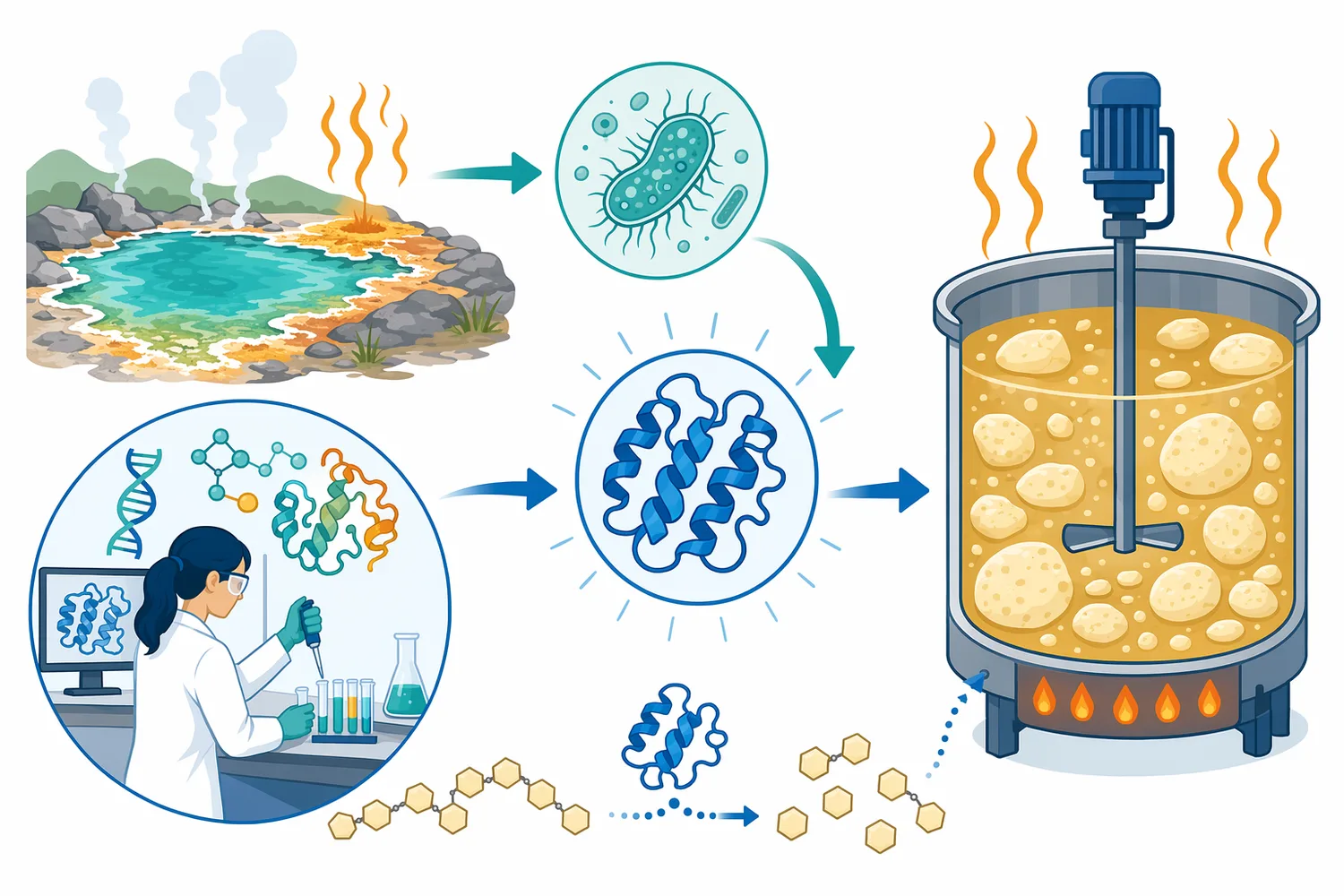 Thermostable alpha amylases are studied from heat-associated organisms, metagenomic sources, and engineered variants because hot starch processing requires enzymes that remain folded and active.