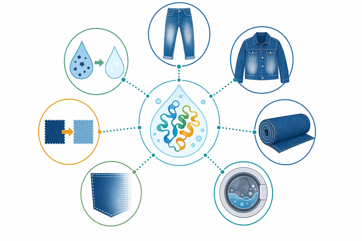 Indigo decolorizing enzyme technology supports garment wash-down, stone-enzyme effects, biopolishing, combined enzyme research, and indigo-containing wastewater treatment concepts.