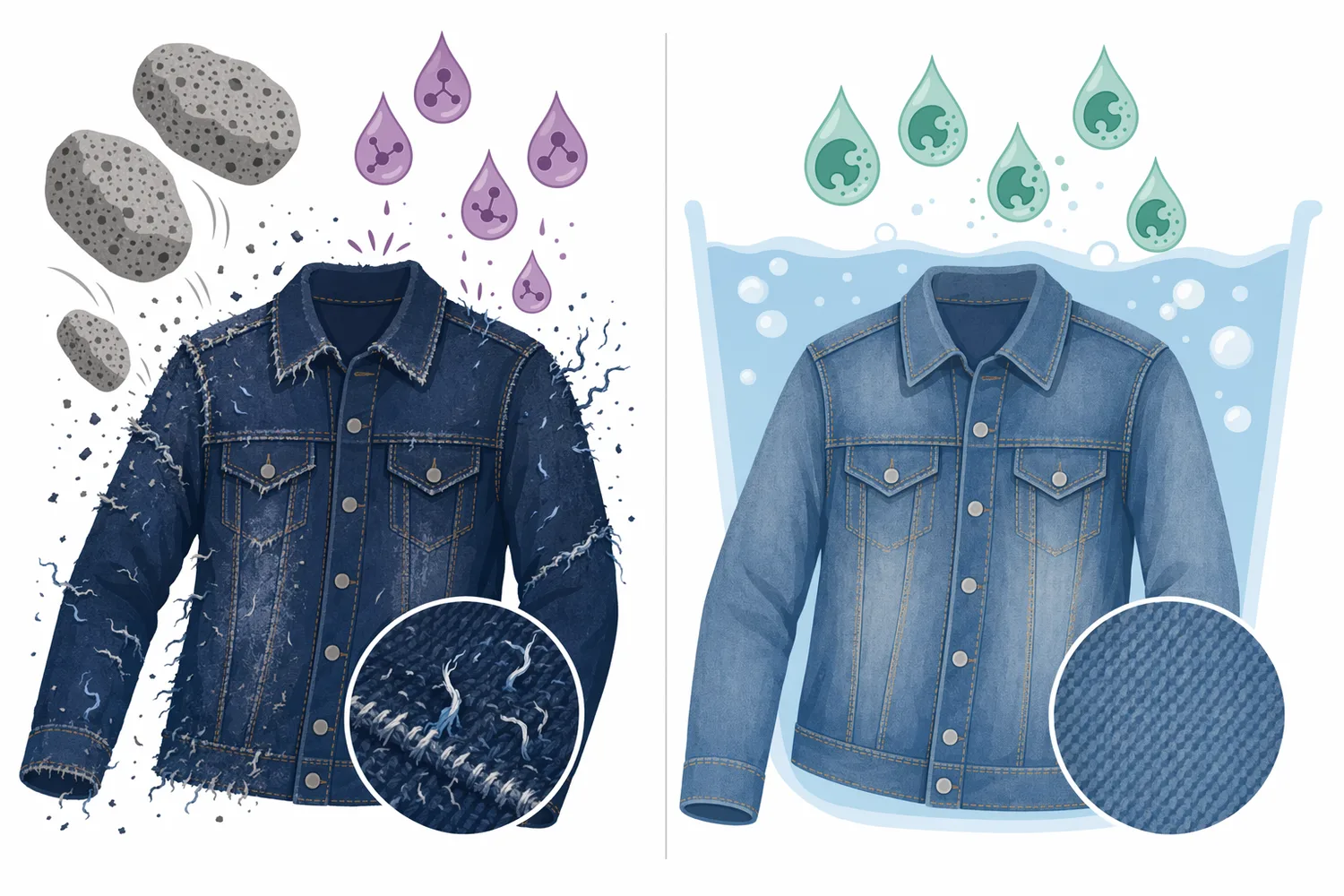Cellulase-based fading removes dye-bearing cotton surface material, whereas laccase-type decolorization acts through oxidative changes to susceptible dye chromophores.