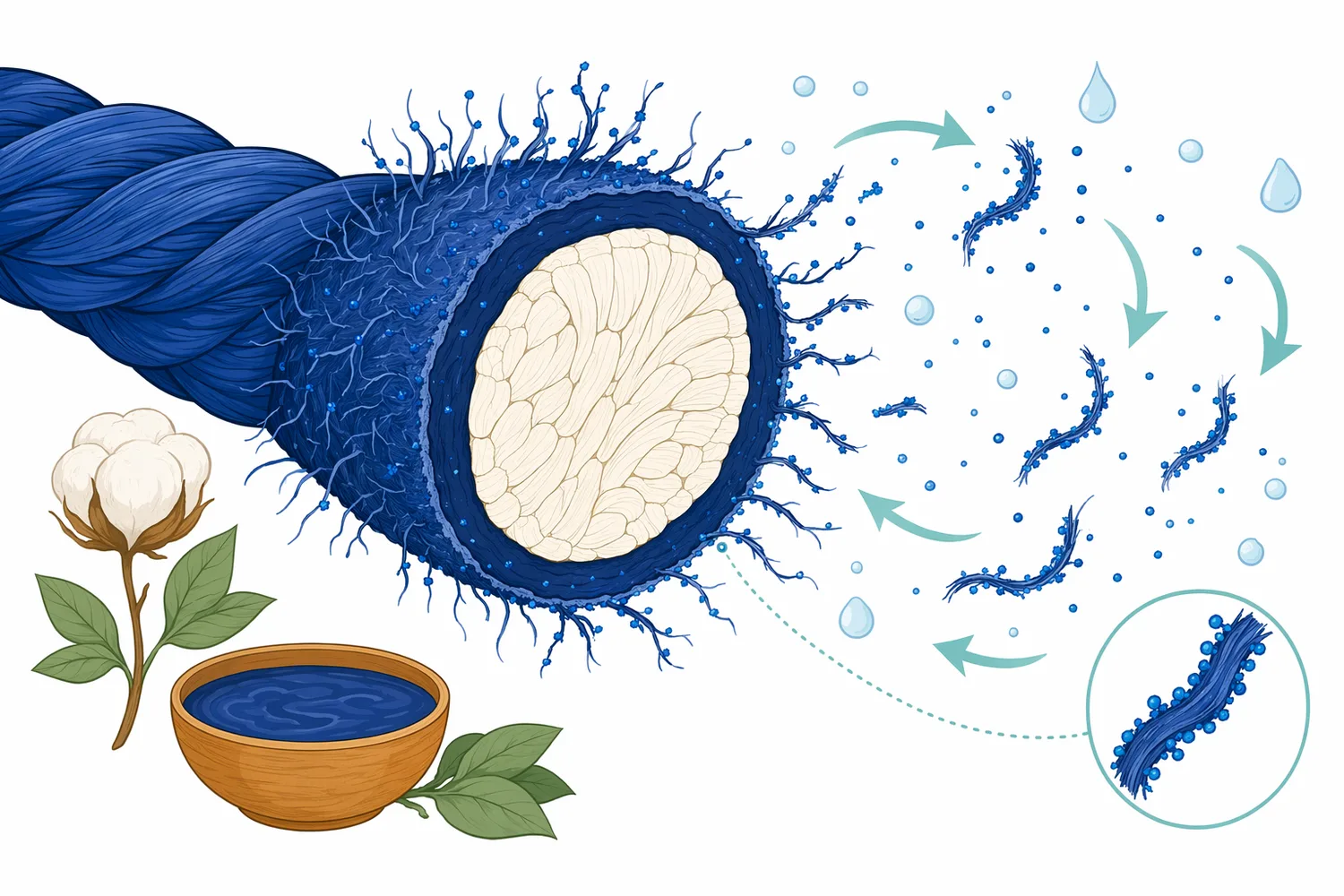 Indigo fading in enzyme denim washing is mainly a surface effect because much of the visible blue color is concentrated near the yarn exterior.