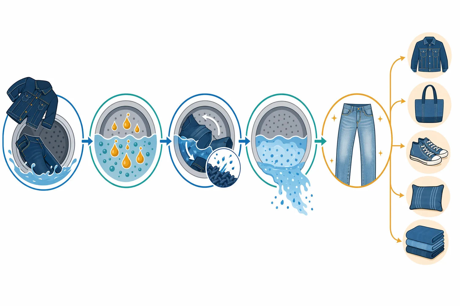 Backstaining occurs when released indigo particles are not kept dispersed and rinsed away before they redeposit on lighter denim areas.