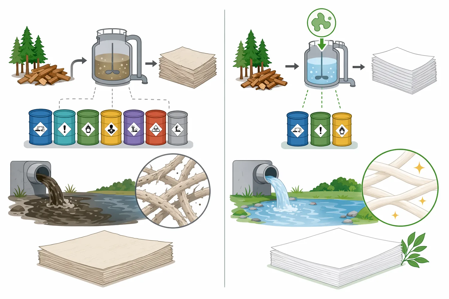 Acid, neutral, and alkaline xylanases differ in process fit, with alkaline xylanase best matched to many kraft, extraction, peroxide, and recycled-fiber environments.