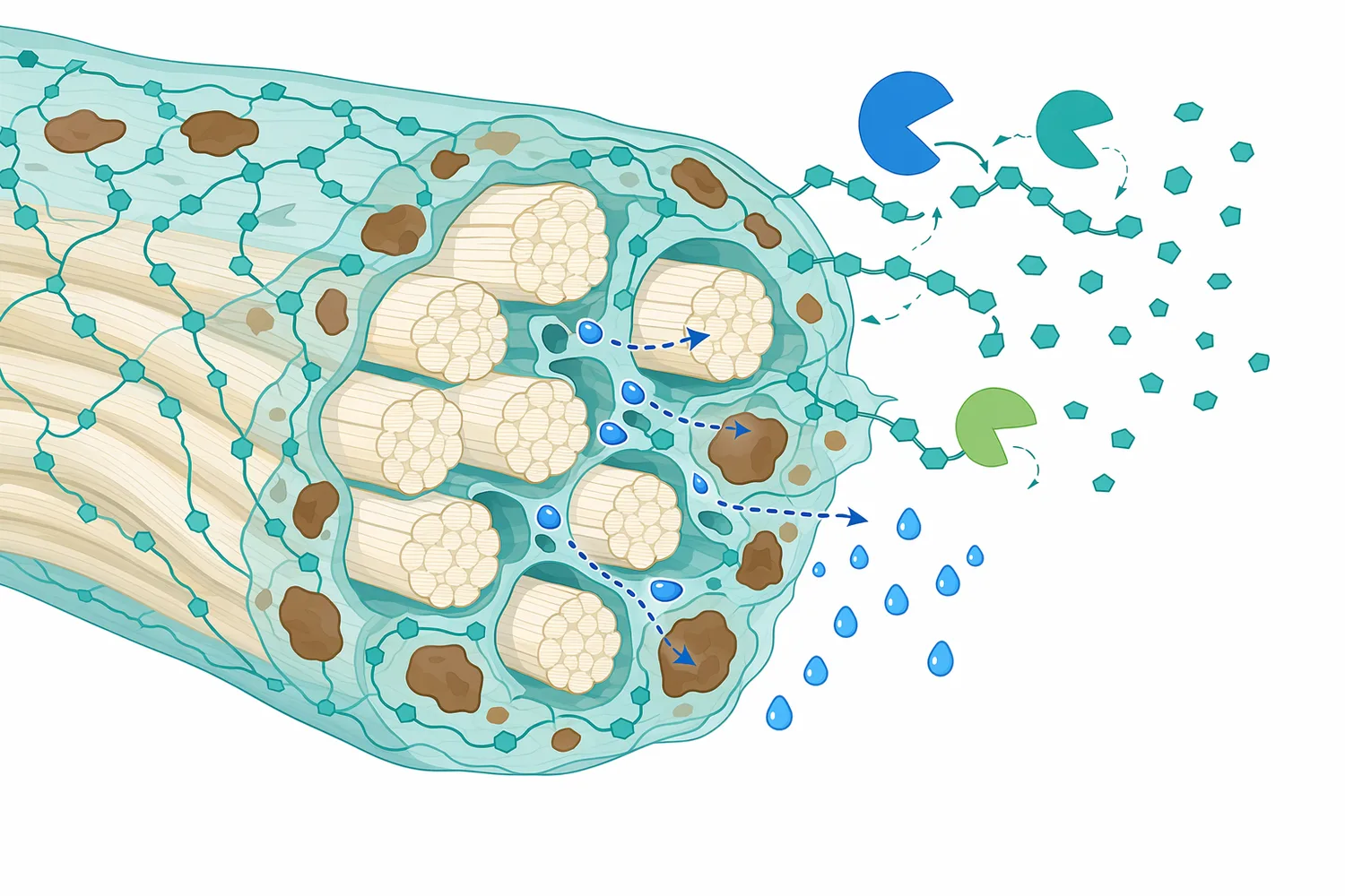 At fiber scale, xylanase acts on hemicellulose rather than directly oxidizing lignin or degrading cellulose.