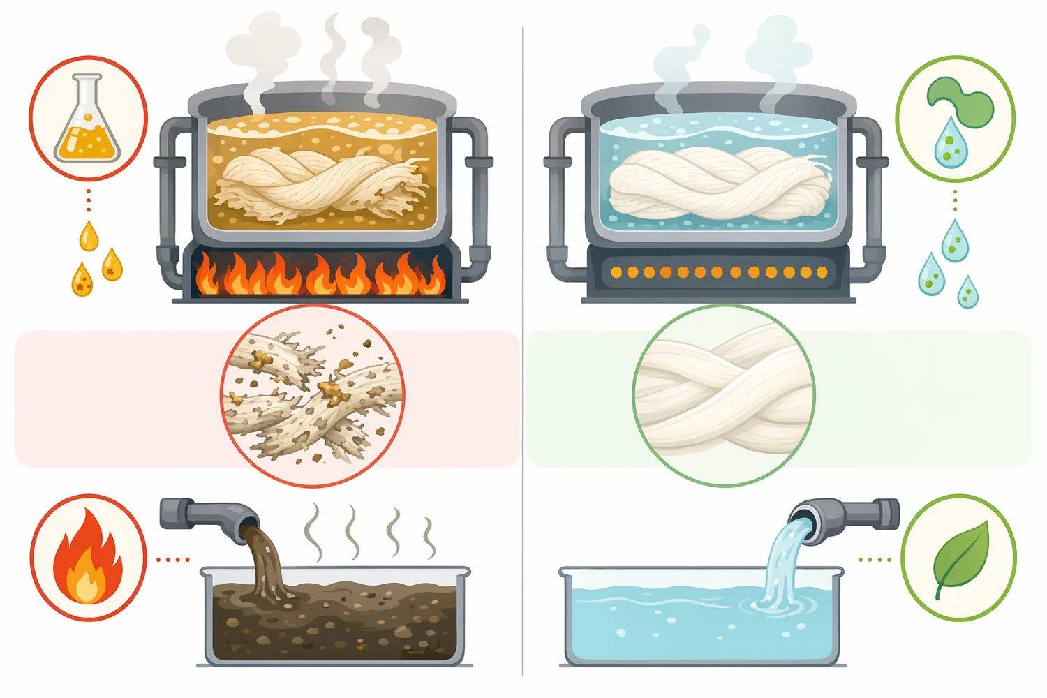 Conventional alkaline scouring provides broad impurity removal, while low-temperature bio-scouring targets pectin-related structures under milder conditions.