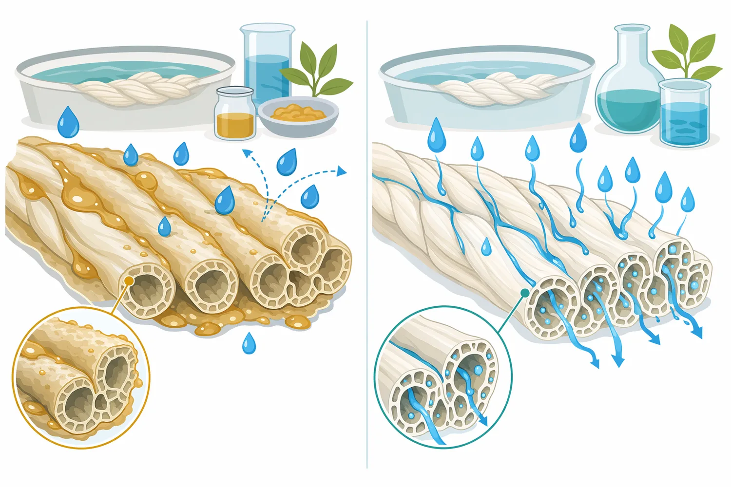 Removing pectin-rich surface barriers helps convert poorly wetting plant fibers into more absorbent substrates for wet processing.
