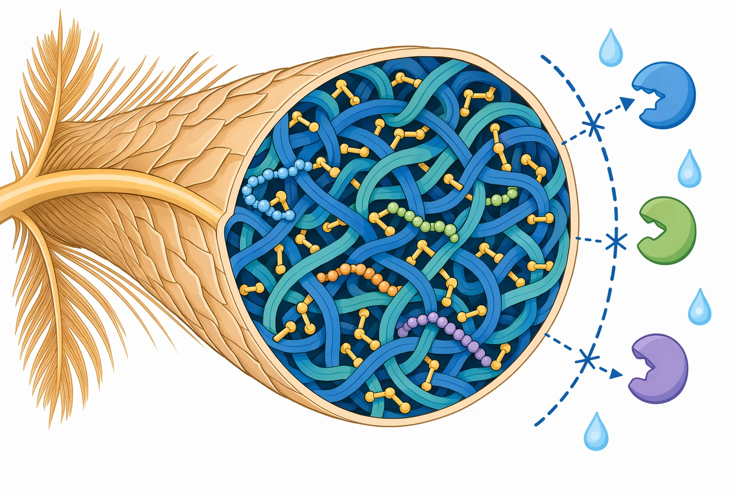 Feather keratin is difficult to use as feed protein because its compact, cross-linked structure shields peptide bonds from ordinary digestion and mild processing.