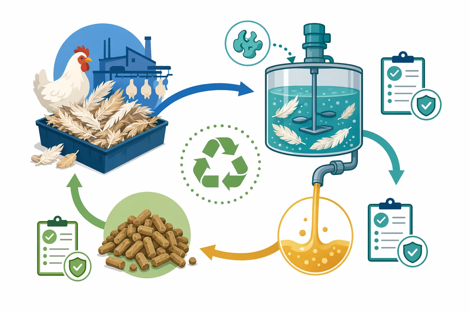 Keratinase supports by-product valorization by converting feather waste into a more usable protein hydrolysate when safety, quality and formulation requirements are met.