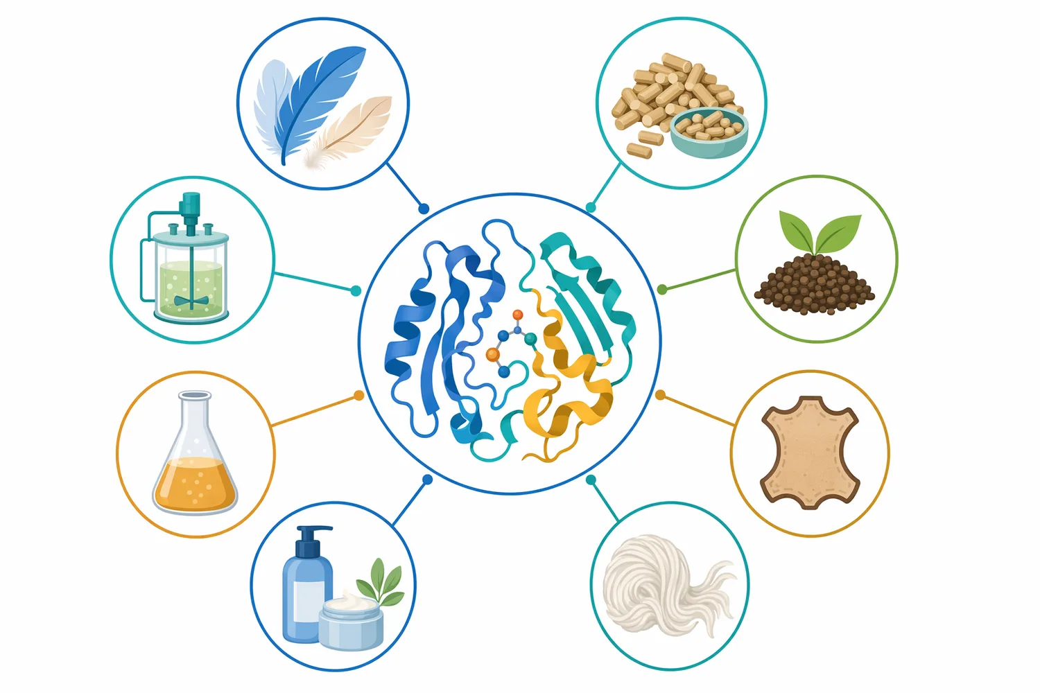 Keratinase applications include feed and feather meal hydrolysis, feather waste valorization, leather dehairing, wool and textile processing, and cleaning of keratin-rich protein residues.