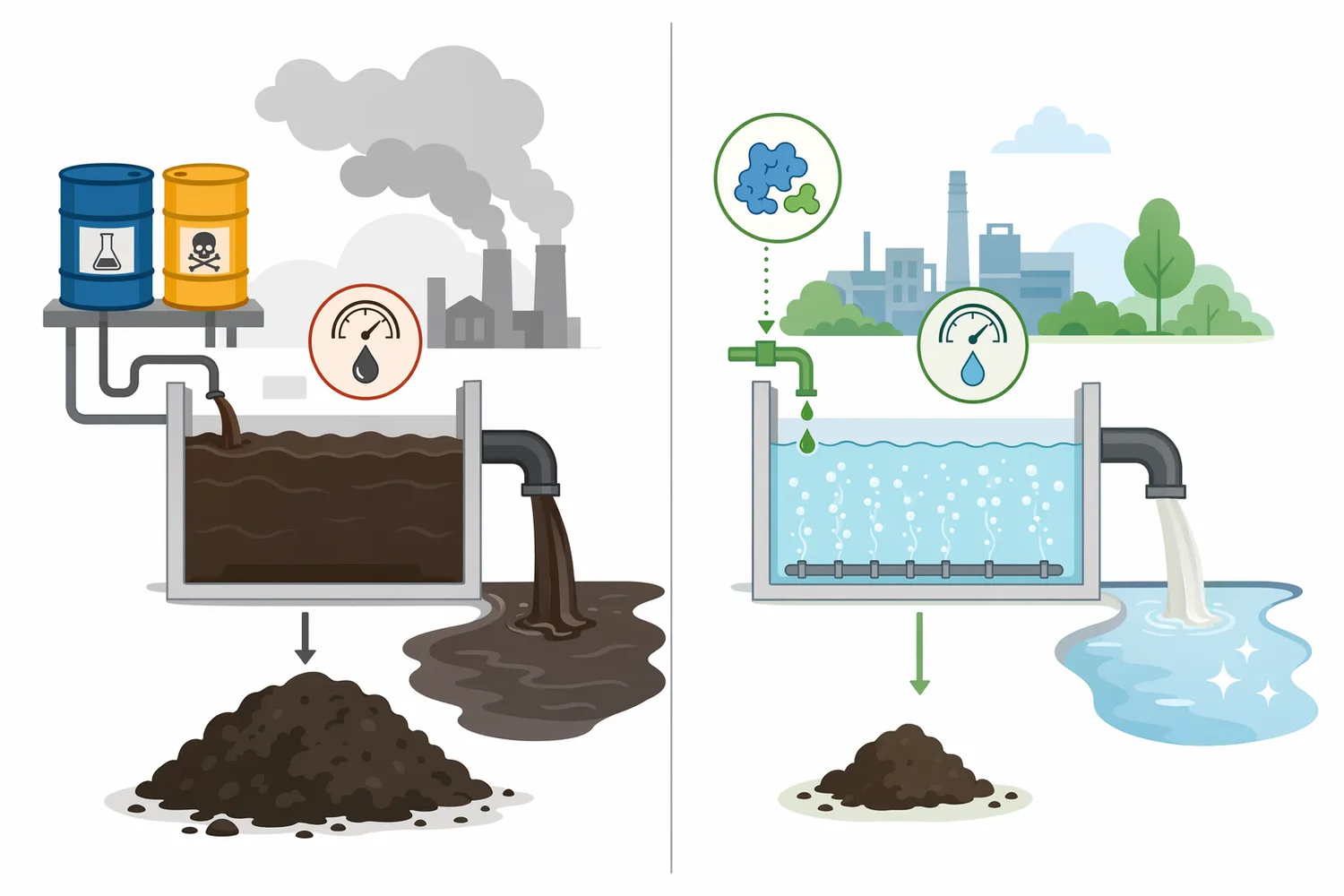 Compared with harsher chemical oxidation or coagulation, laccase treatment can operate under milder conditions and reduce color-forming pollutants.
