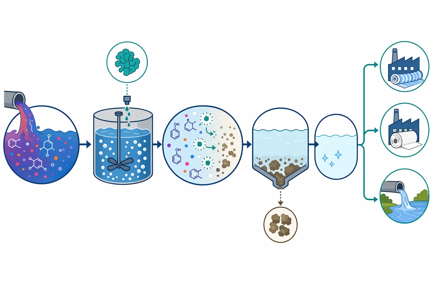 A typical laccase wastewater process adds enzyme and aeration before clarification to reduce color and oxidizable organic contaminants.