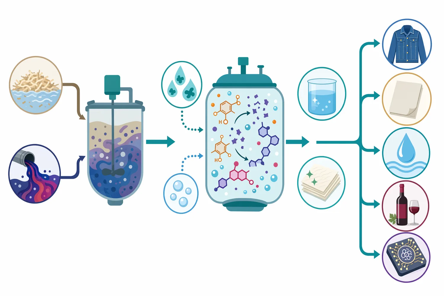 Industrial laccase workflows use oxygen-driven oxidation to modify lignin, dyes, phenolics, and other aromatic compounds.