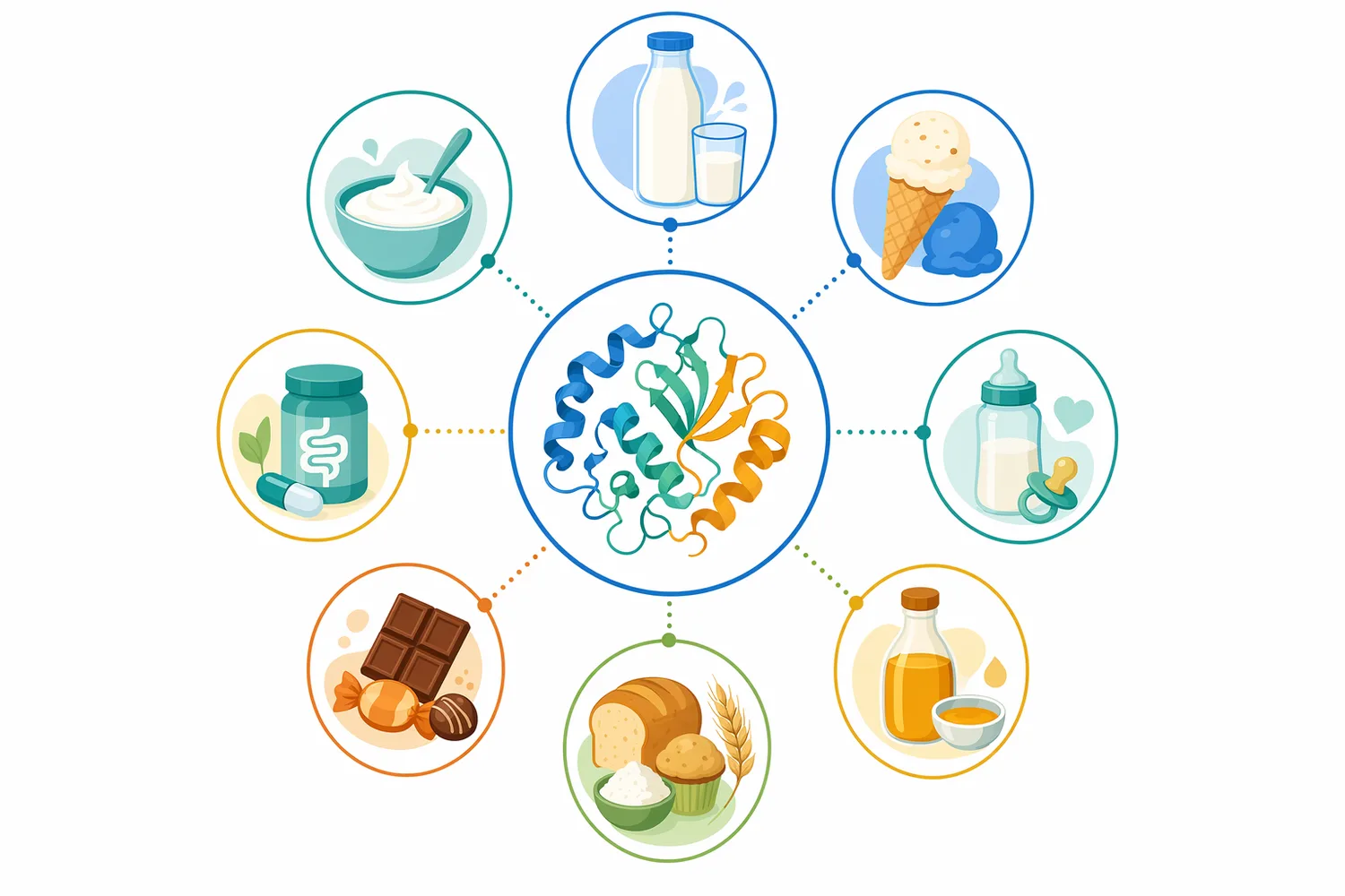 Lactase treatment supports lactose-free dairy, sweetness adjustment, crystallization control, whey utilization, and specialized GOS production.