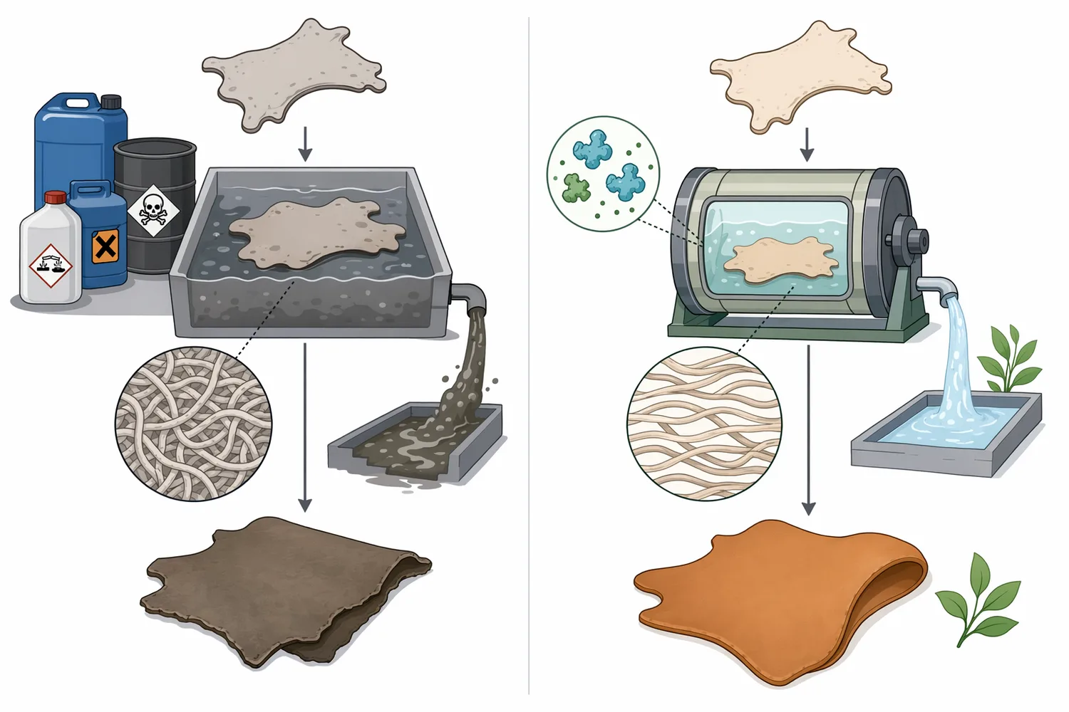Leather proteases differ in process stage, substrate emphasis, strength, and caution, with trypsin positioned as a controlled bating protease.