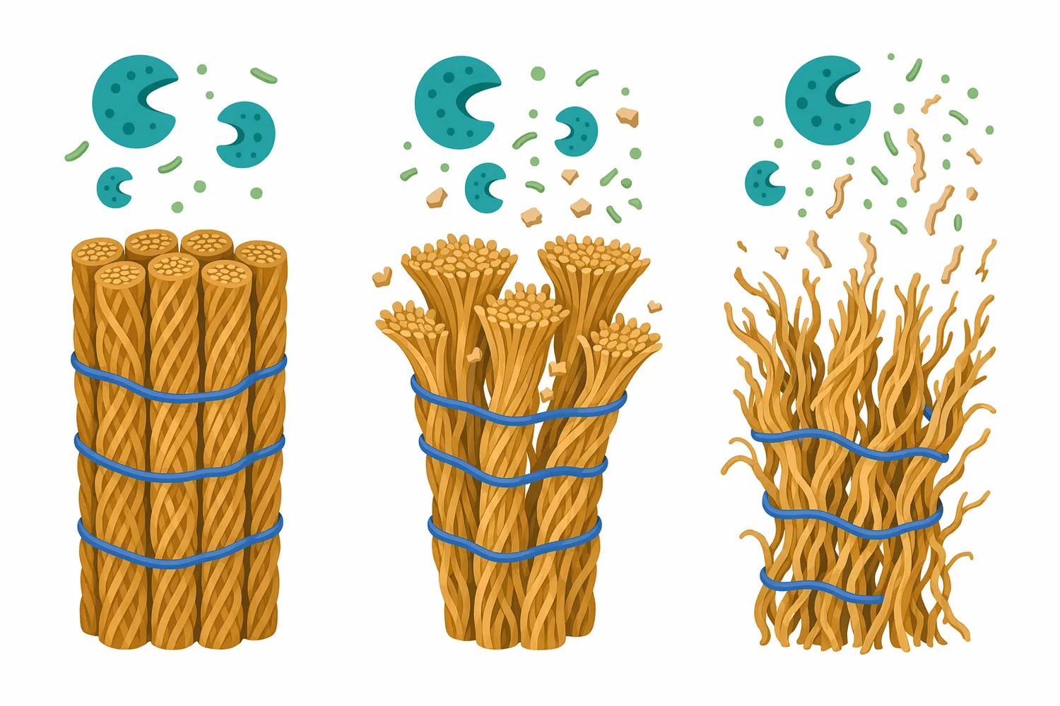 The useful processing zone is controlled partial hydrolysis that opens fibers without excessive collagen weakening.