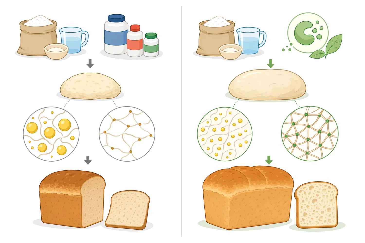 Lipase, amylase, xylanase, and protease act on different dough substrates and therefore solve different breadmaking problems.