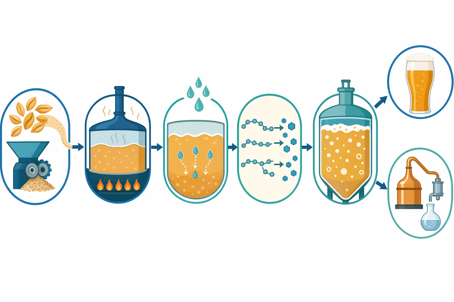 Starch-to-alcohol production depends on preparing starch, converting dextrins into fermentable glucose, and allowing yeast to ferment that sugar into ethanol.