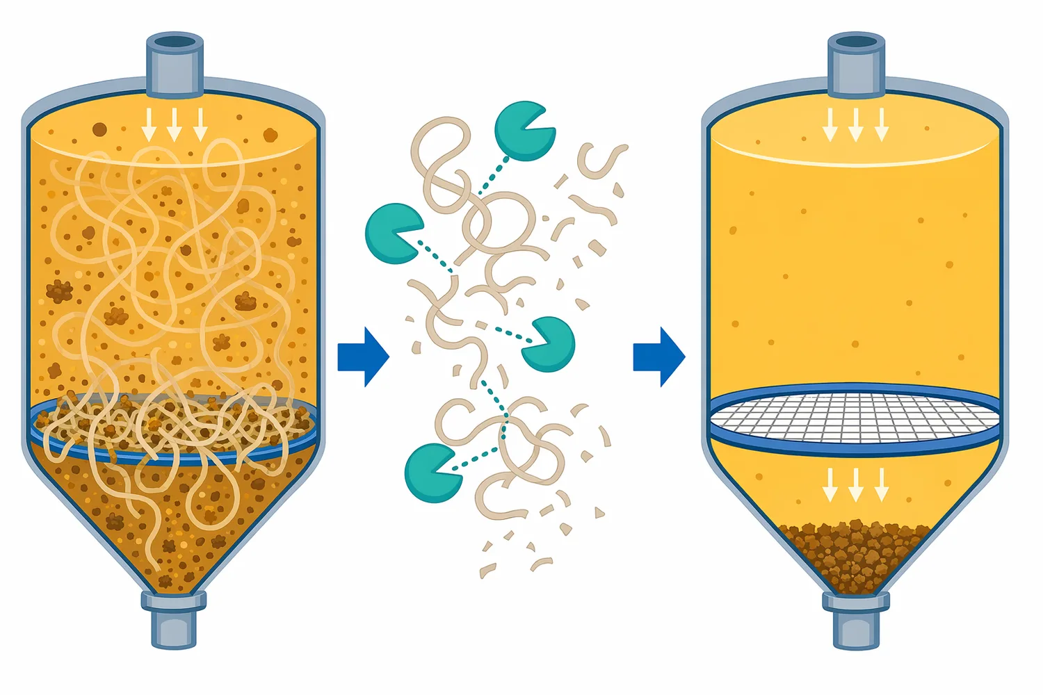 By shortening and disrupting soluble pectin, pectinase can make juice easier to settle, centrifuge, or filter.