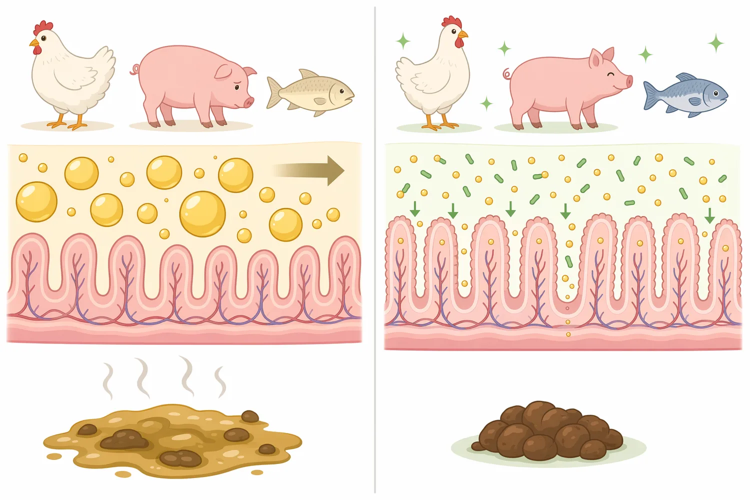 Major feed enzyme classes differ by substrate, with lipase targeting lipid esters while protease, amylase, carbohydrases, and phytase act on proteins, starch, fibres, and phytate.