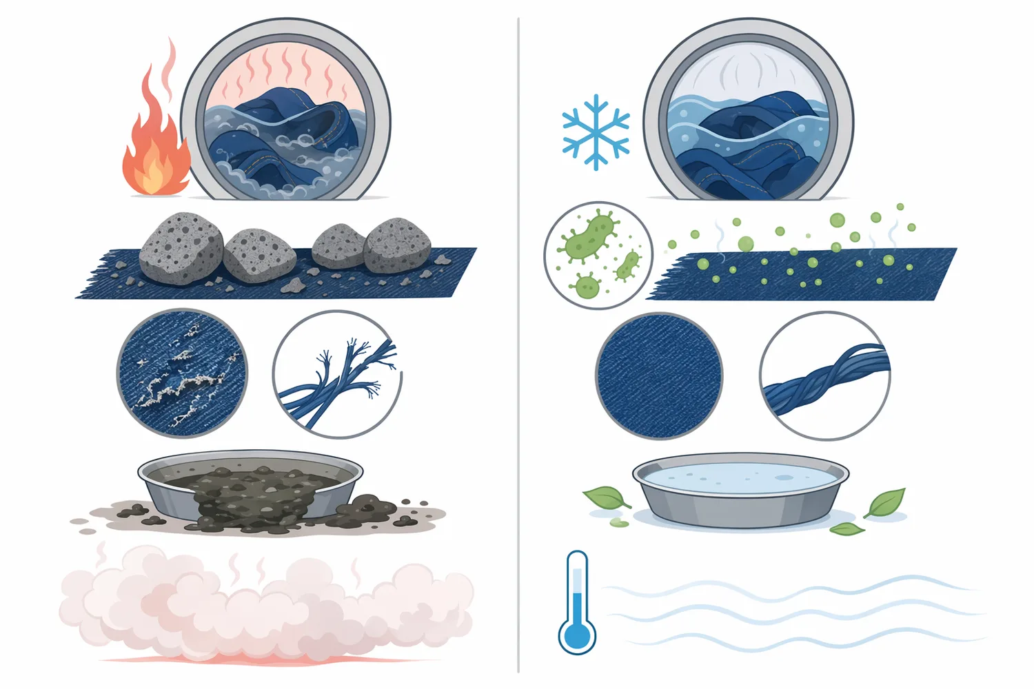 Stone-only, cellulase, enzyme-plus-stone, and chemical fading routes differ mainly in whether abrasion, biological surface hydrolysis, combined action, or chemical reaction drives the effect.
