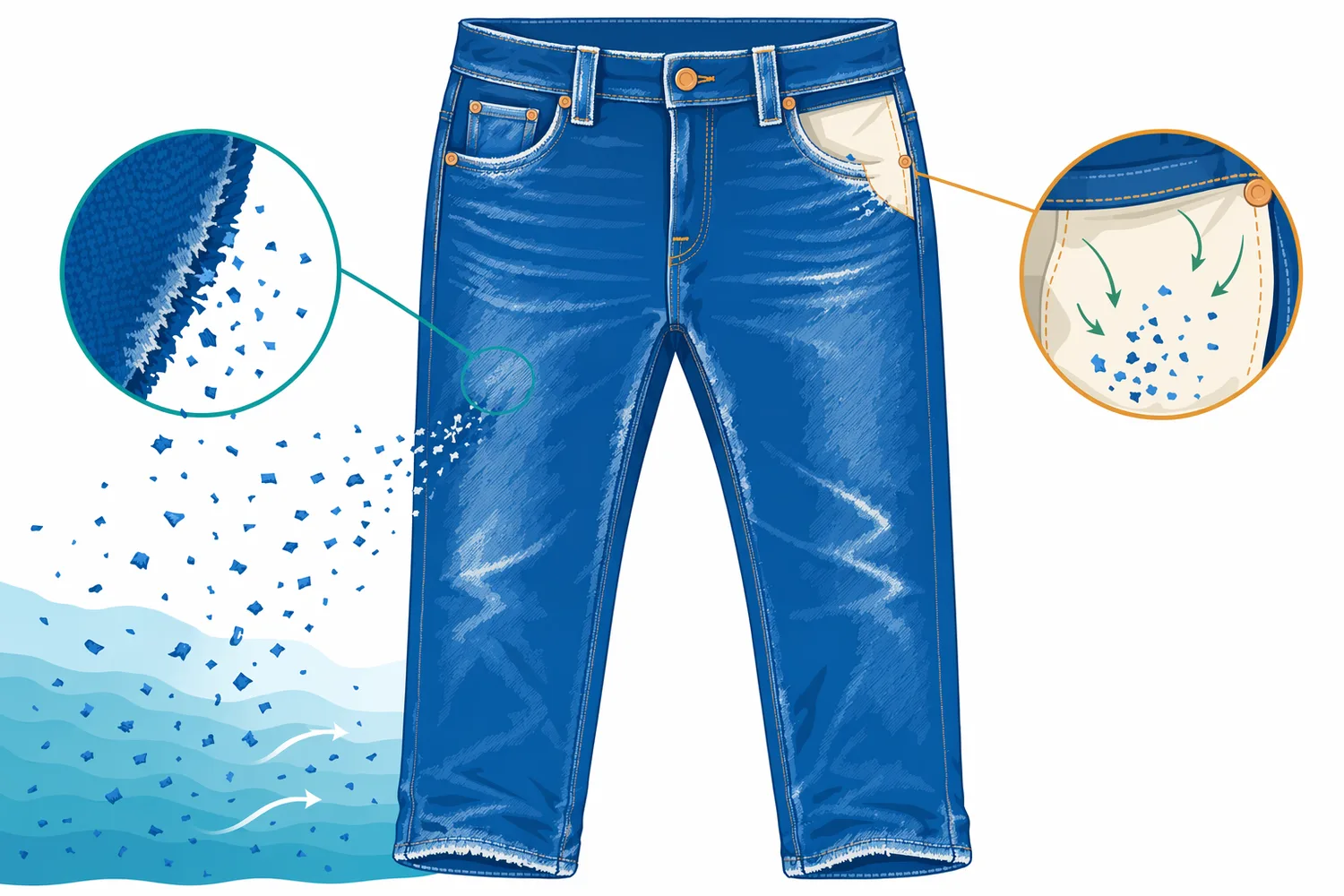 Visible denim wash-down appears first on exposed high-friction zones where loosened fibrils and indigo-bearing fragments detach most readily.