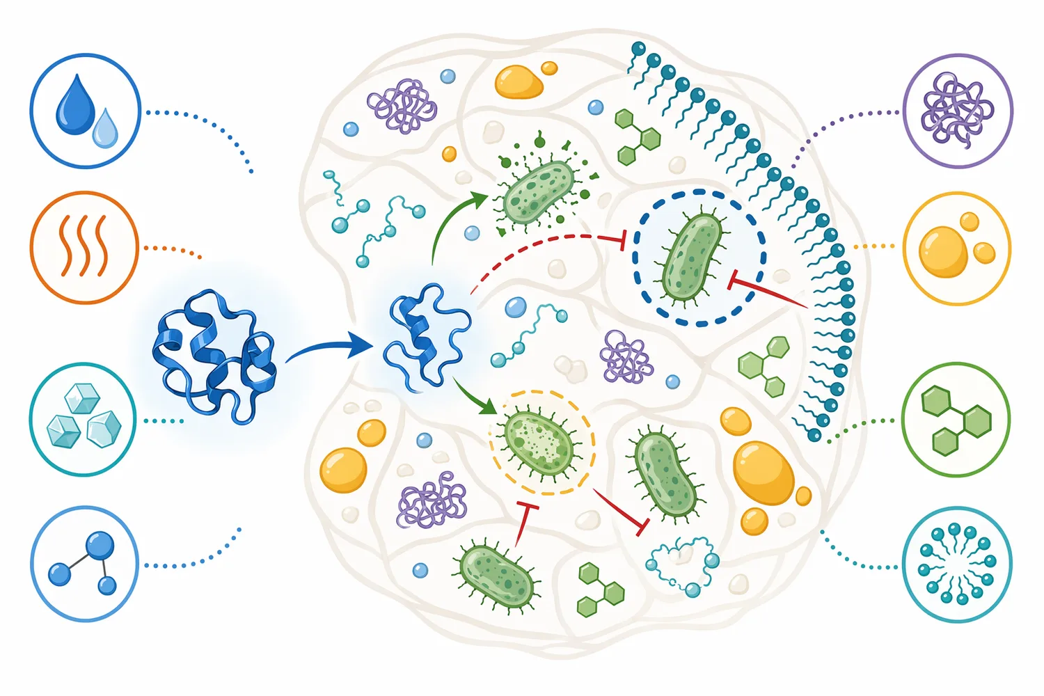 Lysozyme performance is application-dependent because pH, temperature, ionic strength, alcohol, proteins, fats, surfactants, and other ingredients can affect enzyme function and access to bacteria.