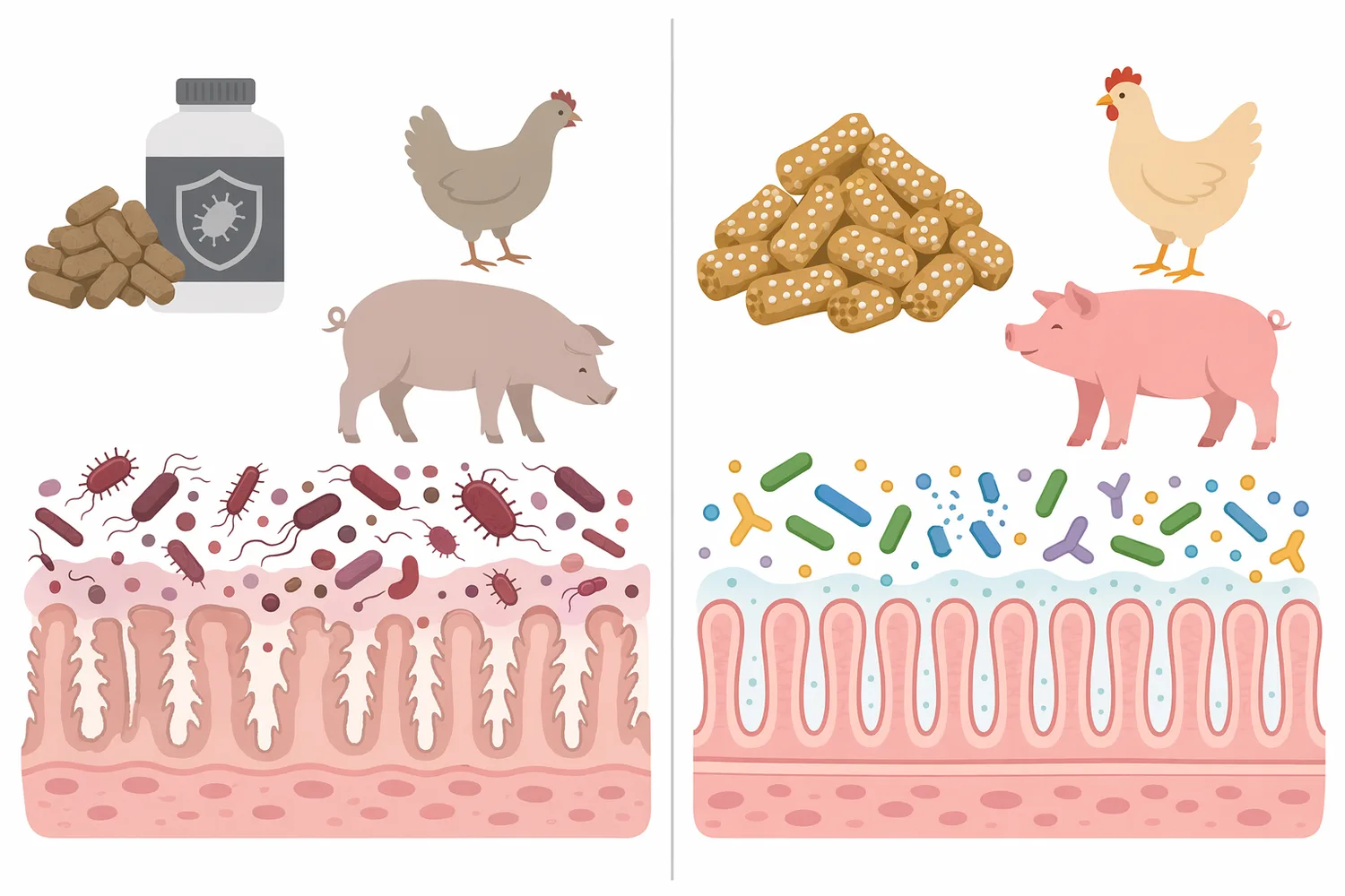 Nursery pig studies reviewed in the article report faster gain, improved feed efficiency, and more favorable villus-height-to-crypt-depth ratios under tested conditions.