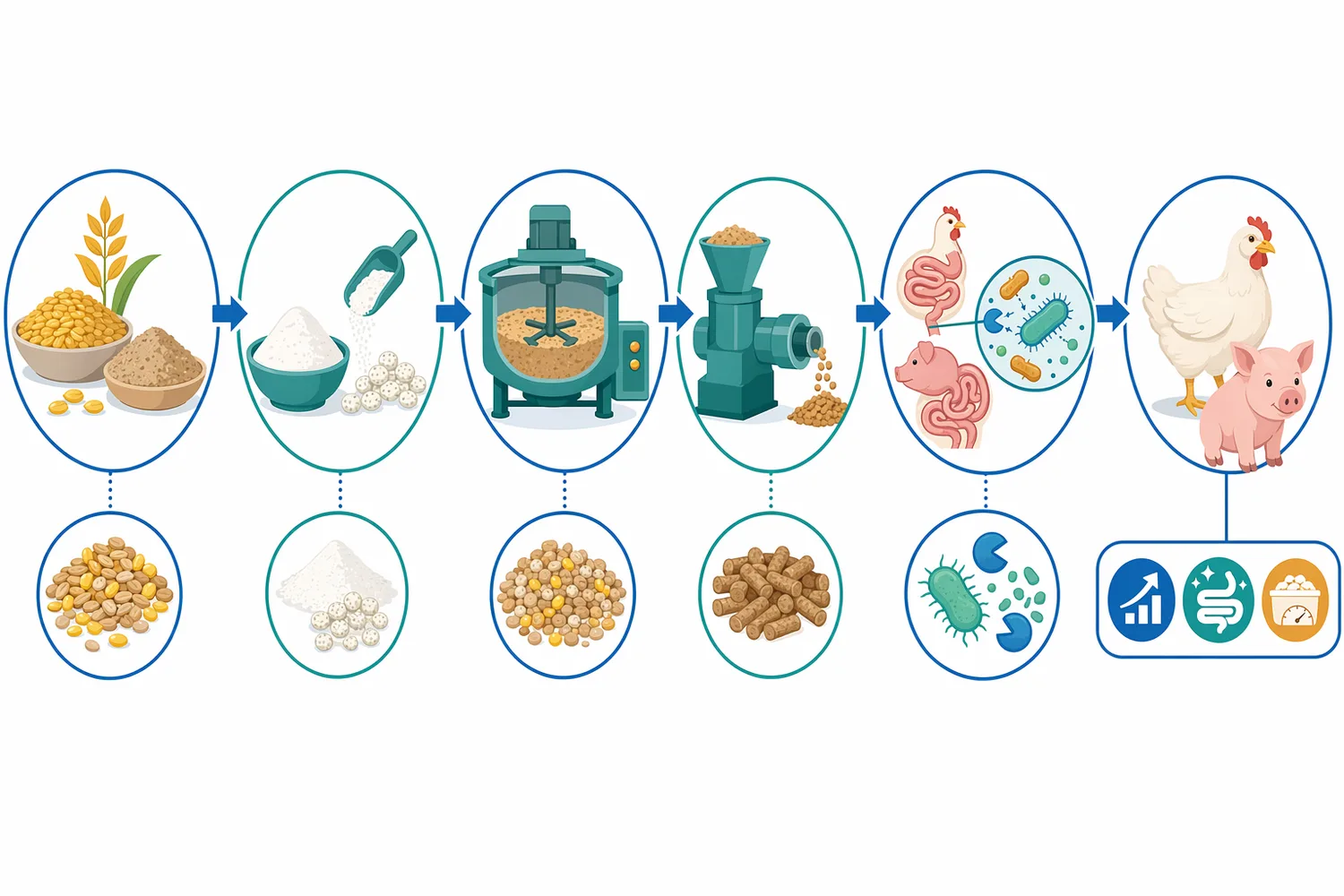 The proposed feed-response pathway runs from peptidoglycan hydrolysis to reduced gut stress, improved intestinal morphology, and better nutrient use under responsive conditions.