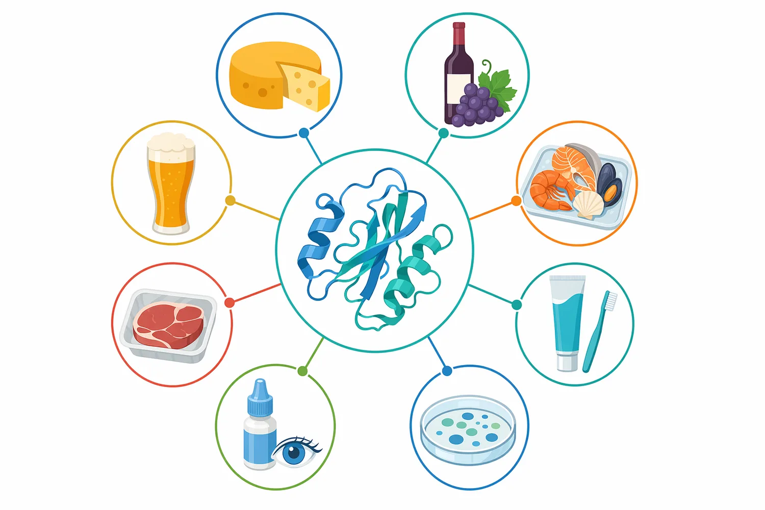 Food, beverage, packaging, freshness-protection, biotechnology, personal-care, coating, biomaterial, animal-nutrition, and aquaculture contexts use lysozyme concepts for different antibacterial or research purposes.